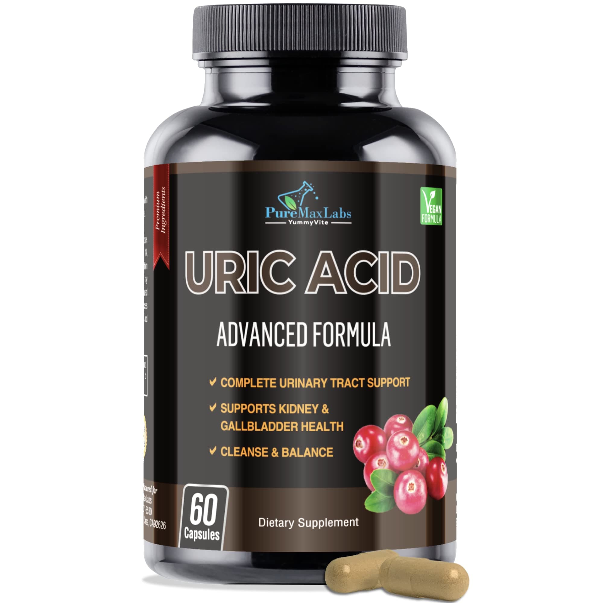 Uric Acid Advanced Formula – Kidney, Liver, Gallbladder, Urinary Tract Cleanse with Cranberry, Chanca Piedra, Tart Cherry, Milk Thistle and Bromelain 60 Capsules