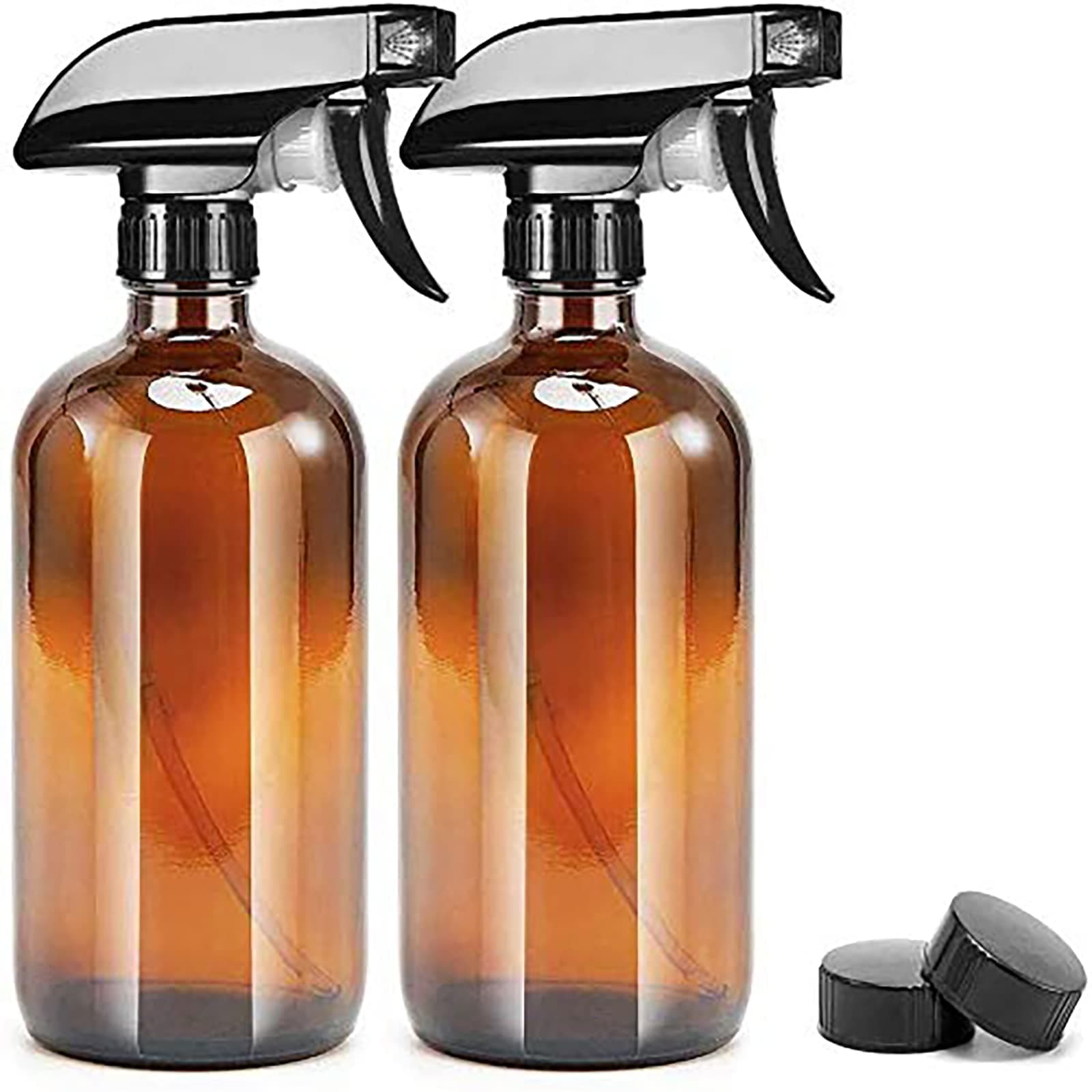 2 Pcs Empty Glass Spray Bottles Refillable Container for Essential Oils,Cleaning- Durable Trigger Sprayer with Mist Stream Settings (2 * 500ML, Amber)
