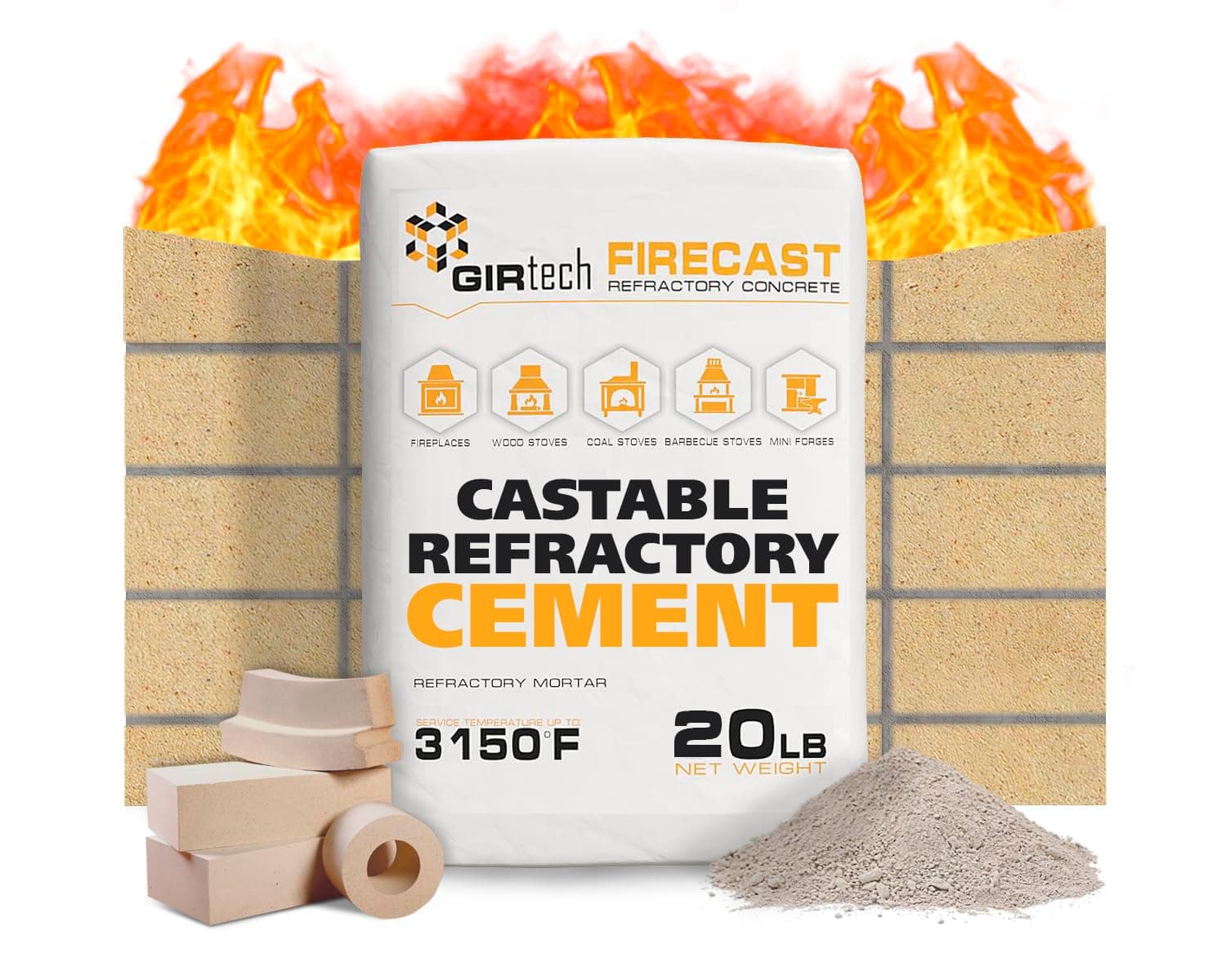 FireCast Castable Refractory Cement Mix 3110 Degree Fahrenheit 20 Lbs High Temperature Heat Resistant Fireproof Mortar Build Repair Pizza Oven Fire Places Forge Kiln Stove