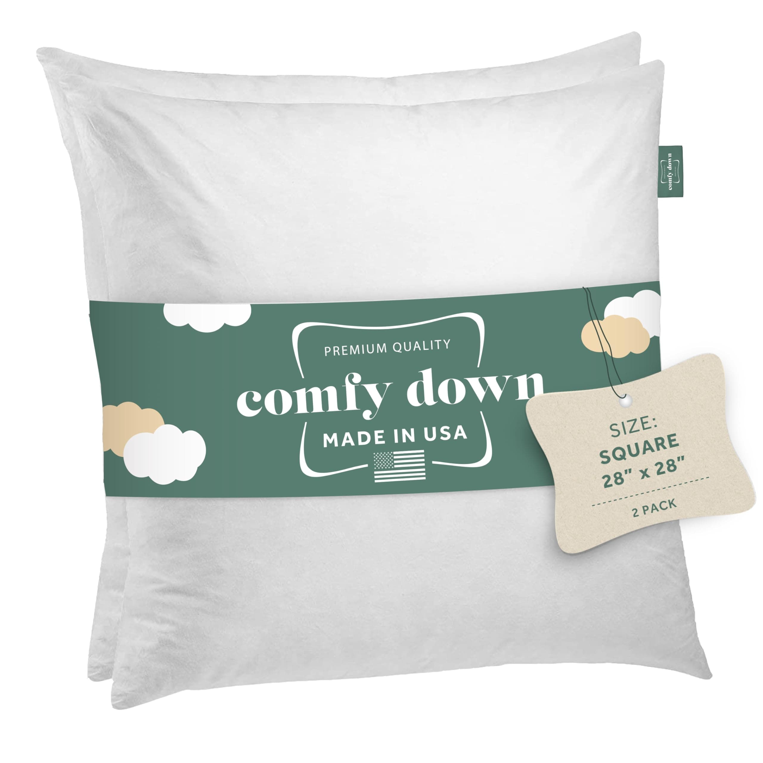 ComfyDown 28x28 Decorative Throw Pillow Insert, Down and Feathers Fill, 100% Cotton Cover 233 Thread Count, Square Pillow Insert - Made in USA (Set of 2)