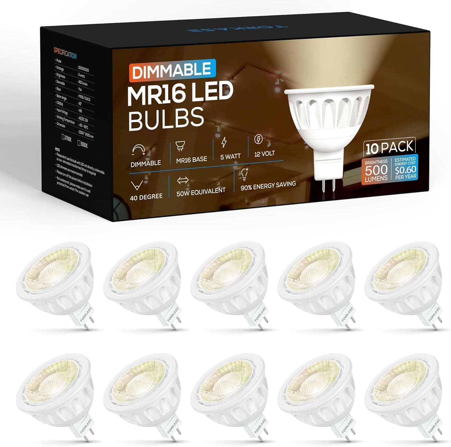 Dimmable MR16 LED Bulbs(UL Listed),2700K Soft White,5W-50W Equivalent,GU5.3 Bi-Pin Base,12V Low Voltage,40-D Narrow Beam Angle,Indoor/Outdoor Landscape Warm LED Spot Lighting Bulbs,10-Pack