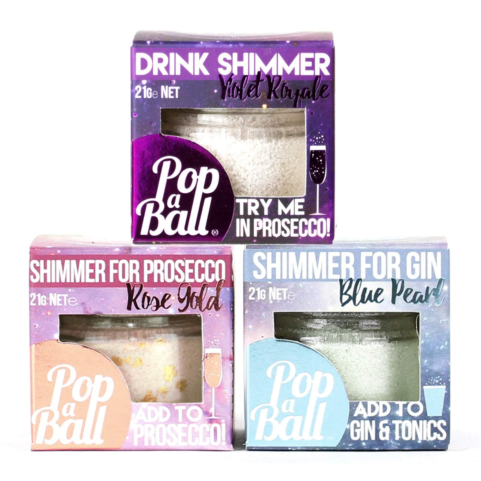 Drink Shimmer Blue Pearl, Rose Gold & Violet Royale | 3 x 21 grams | Prosecco, Gin, Mocktail & Cocktail Making Gifts | Gift Set Ideas for Her