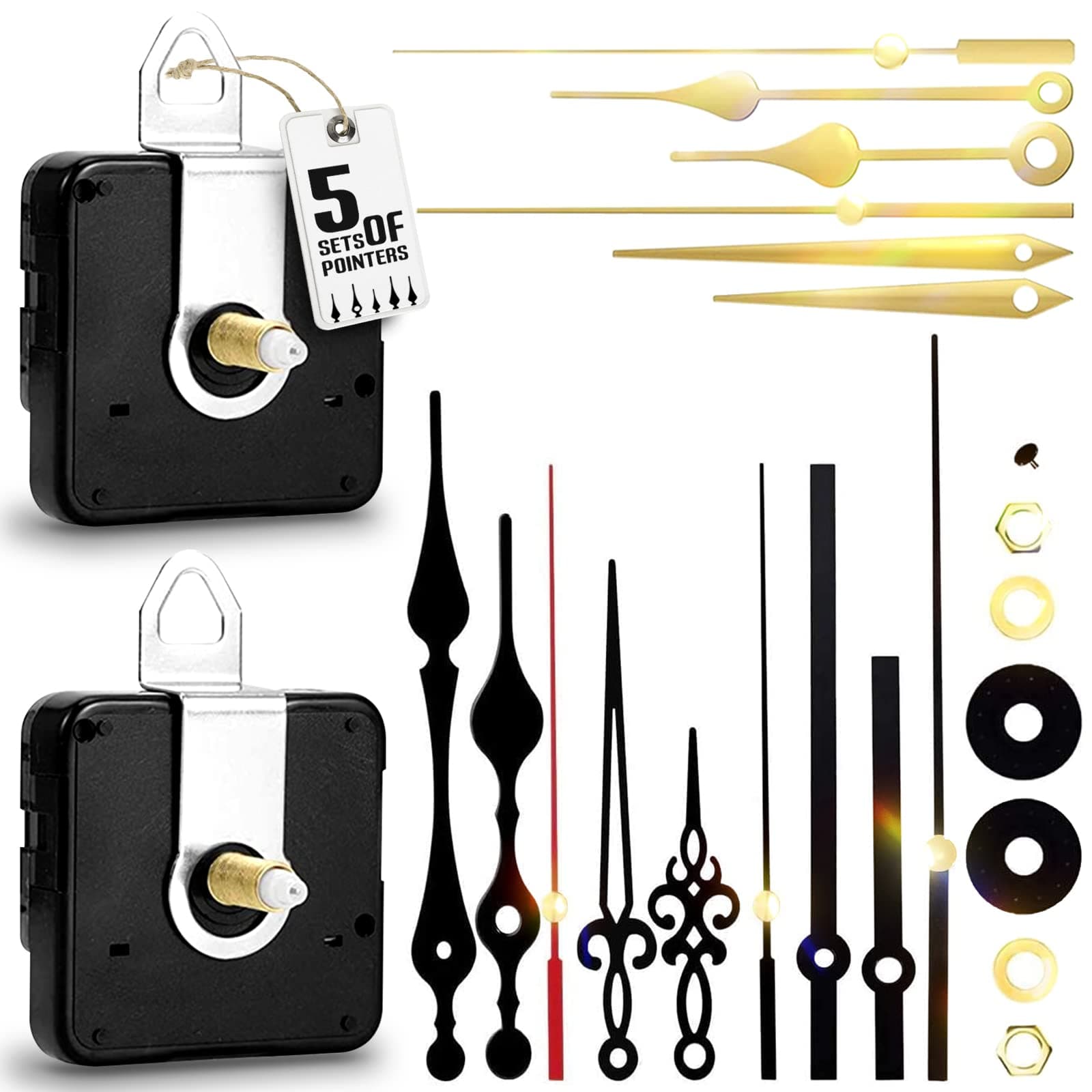 YOGINGO 2Pcs Quartz Clock Mechanism Kit, Wall Clock Mechanisms Mattery Powered Replacement, Clock Movement Parts Motor Replacement DIY Repair Parts with 5 Set Hands (No Battery)