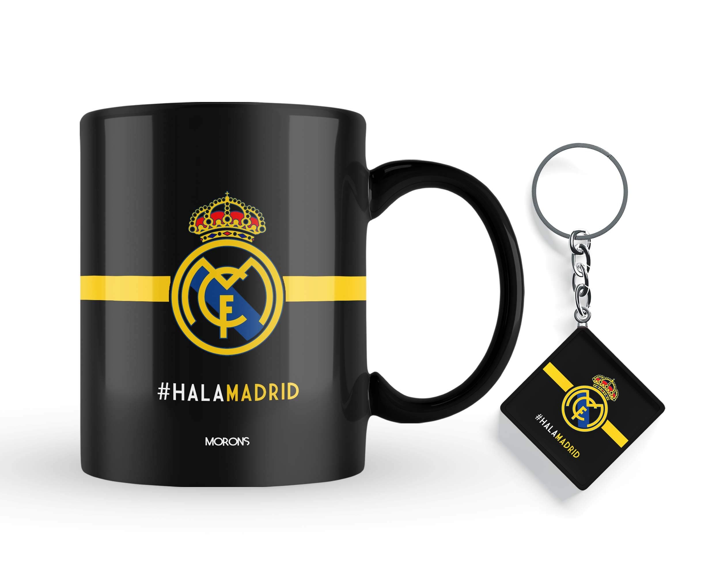 Morons Hala Madrid Merchandise Ceramic Coffee Mug | Real Madrid FC Printed Black Mug and Keychain with Key Ring Gift Set for Friends | 330 ml, Pack of 2