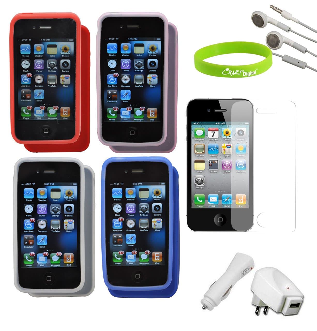 CrazyOnDigital Cases, Charger Screen Protector for AT & T Verizon Sprint Apple iPhone 4S - Combo Pack - Retail Packaging - Black