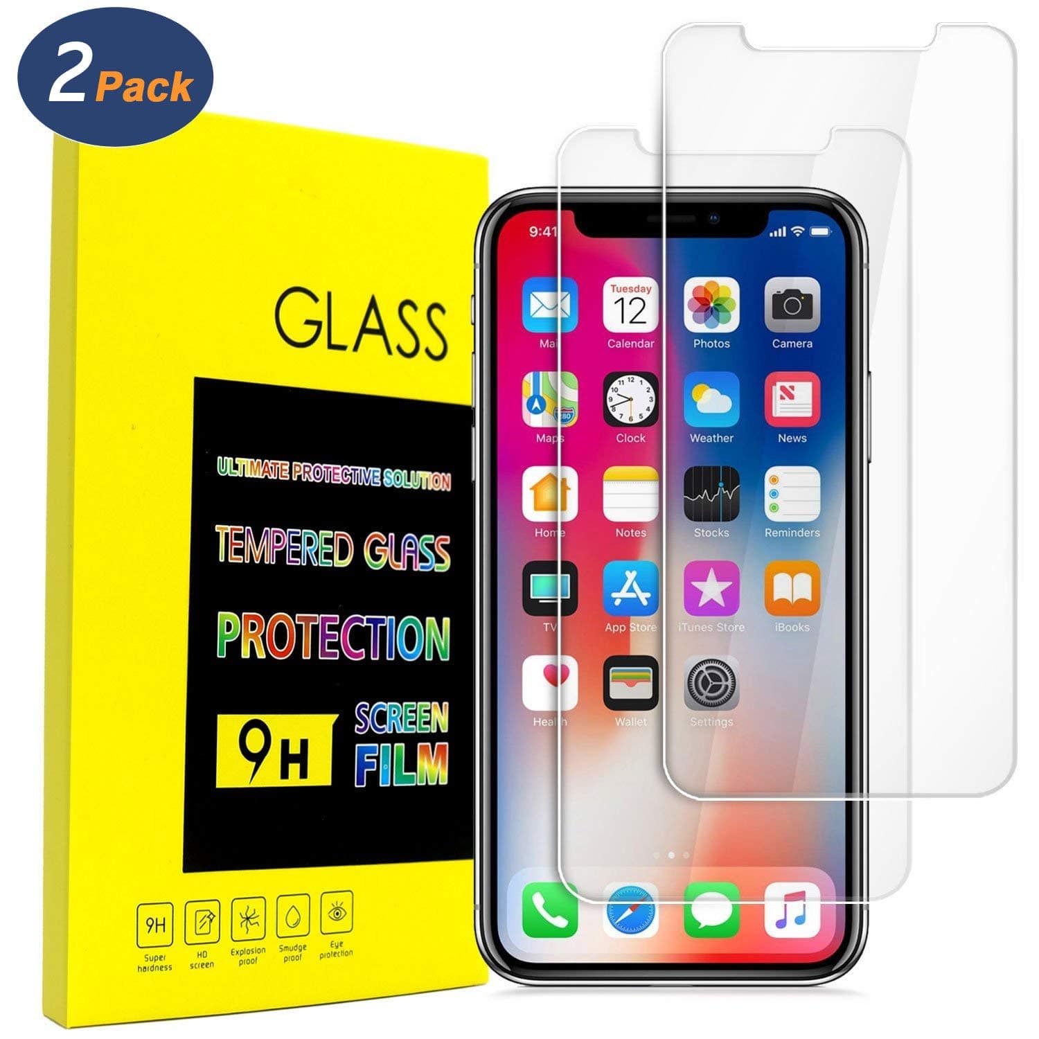 Screen Protector Compatible with iPhone Xs and iPhone X, (2-Pack) 0.25mm Tempered Glass Screen Protector for iPhoneX/Xs/10 5.8-inch 2018 Ultra Slim [Case Friendly] [Shatter Proof] Anti-Fingerprint