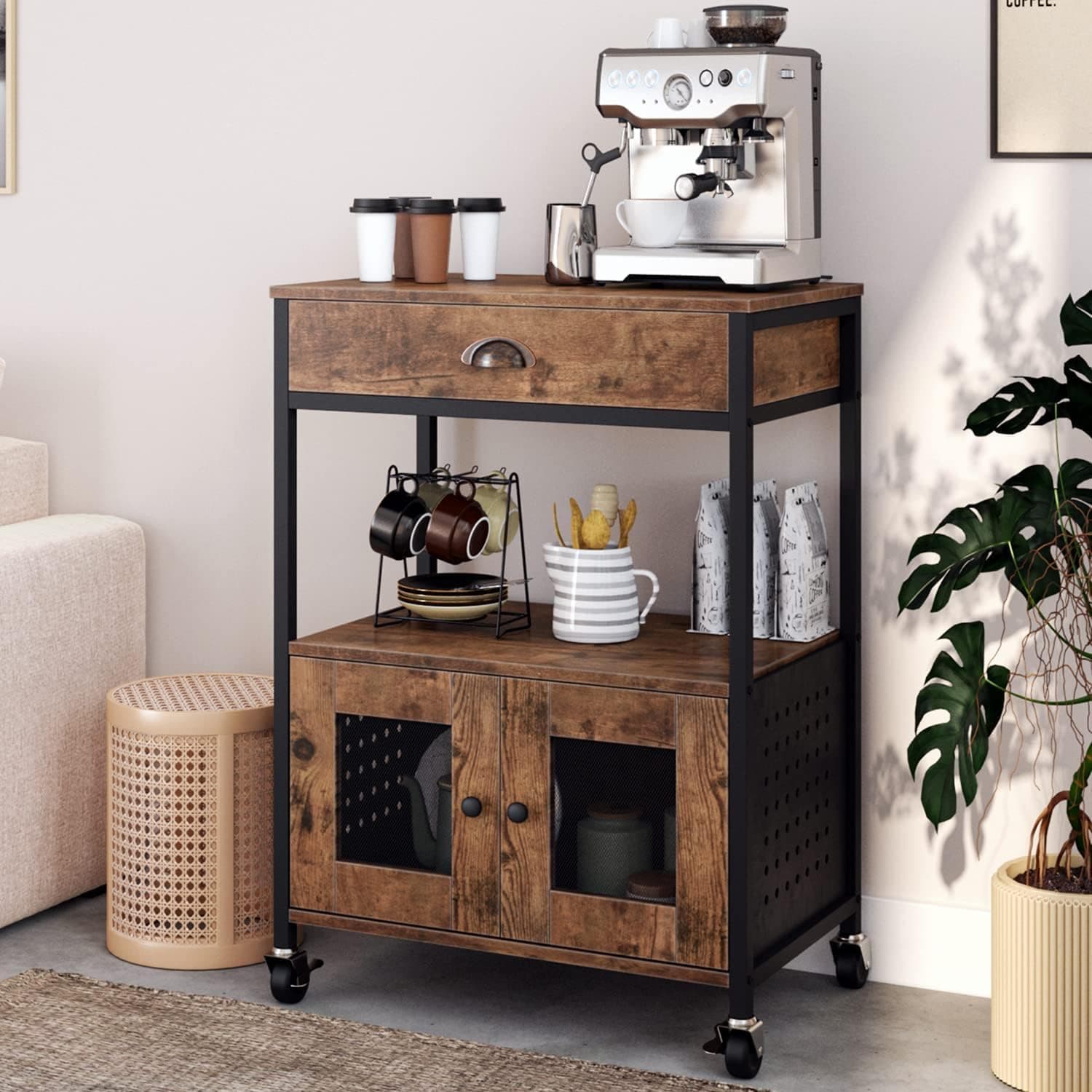 Coffee Cart Station, Coffee Stand Station, Small Microwave Stand with Drawer, Movable Farmhouse Coffee Station Table on Wheels for Living Room, Entryway, Dining Room, Kitchen