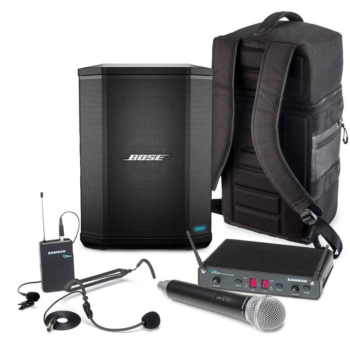 Bose S1 Pro Multi-Position Bluetooth Speaker Bundle with Samson Concert 288 All-in-One Wireless Microphone System and Padded Backpack - Ultra-Portable PA Sound System On-The-Go (3 Items)