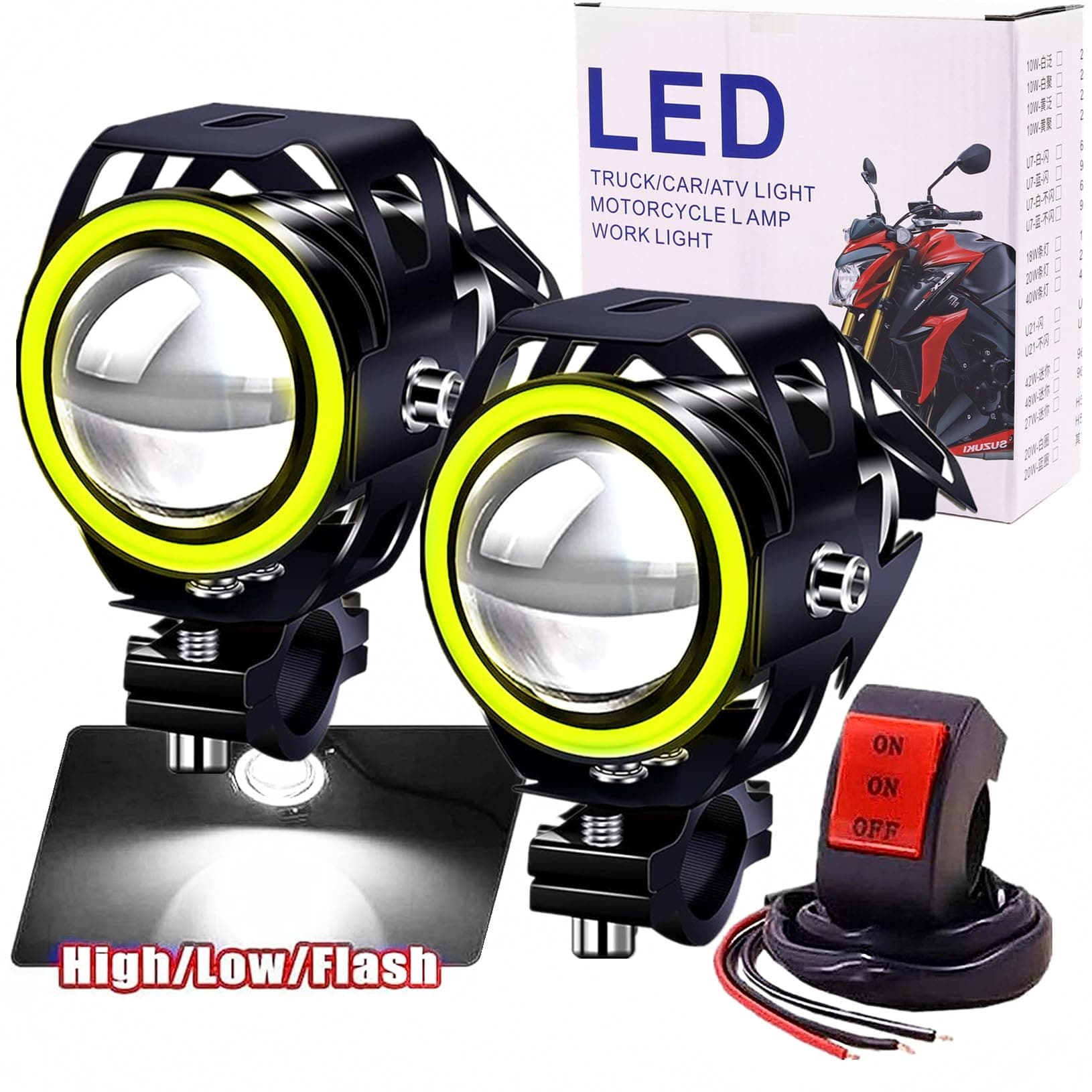Ourbest Motorcycle Fog Lights with Halo, 3in Auxiliary Lights with Switch White Angel Eye(Continious on/Central Strobe Modes)