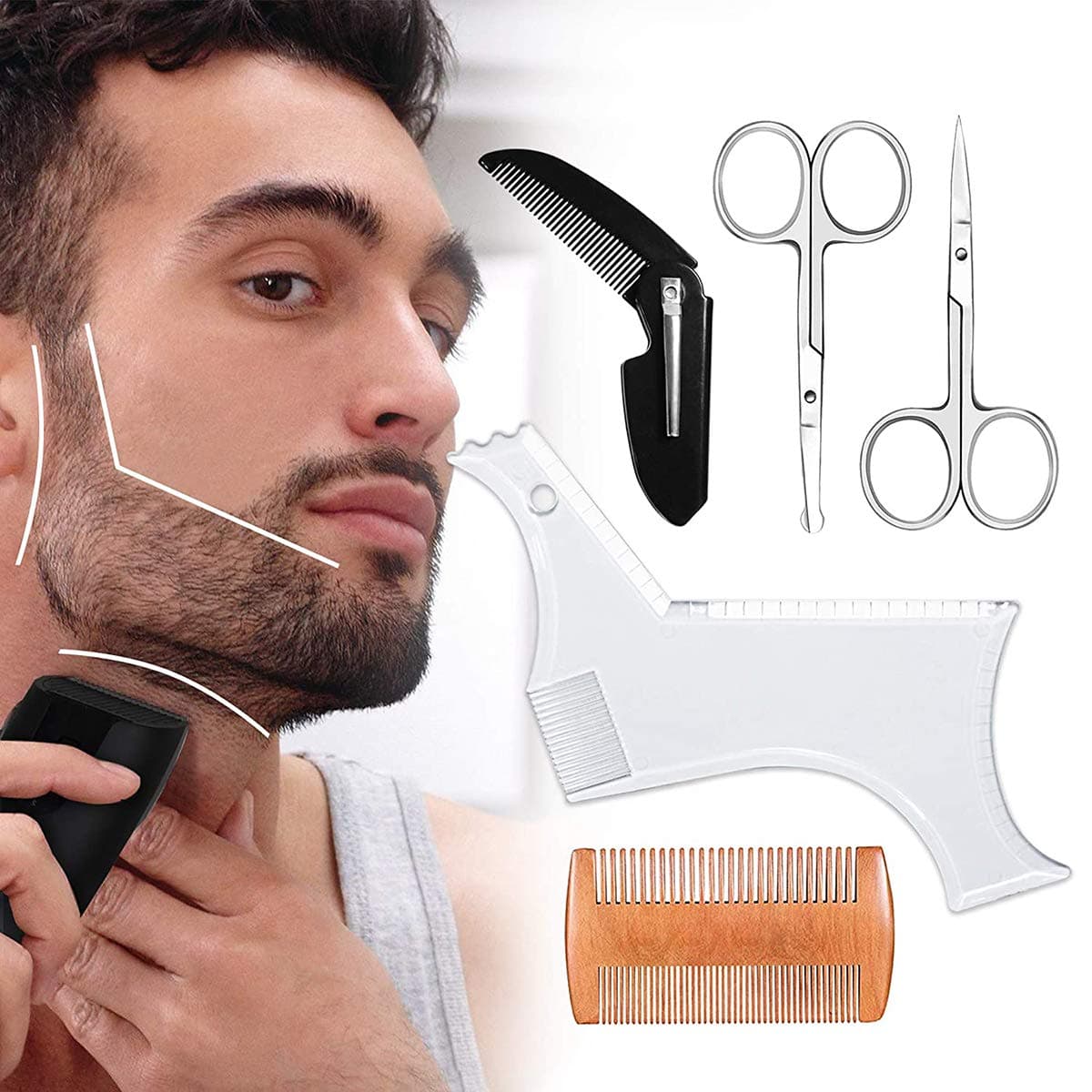 Azonee Beard Shaping Tool Beard Shaping Template Guide for Perfect line up Edging Comes with Beard Shaper Comb Two Scissors Works with any Electric Trimmers or Clippers