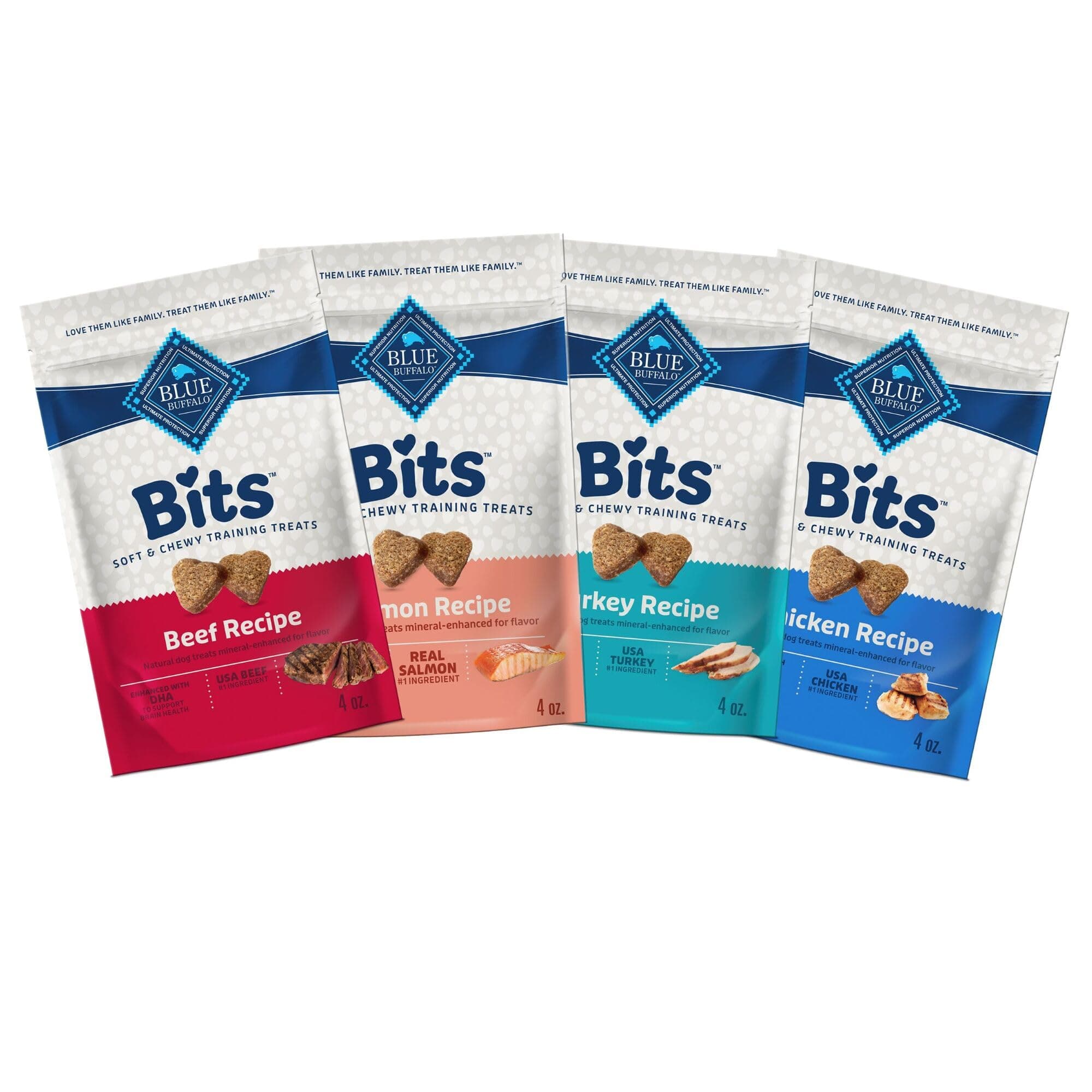 Blue Buffalo Bits Soft Dog Treats for Training, Made with Natural Ingredients & Enhanced with DHA, Beef, Salmon, Turkey, & Chicken 4-oz Variety Pack, 4 ct