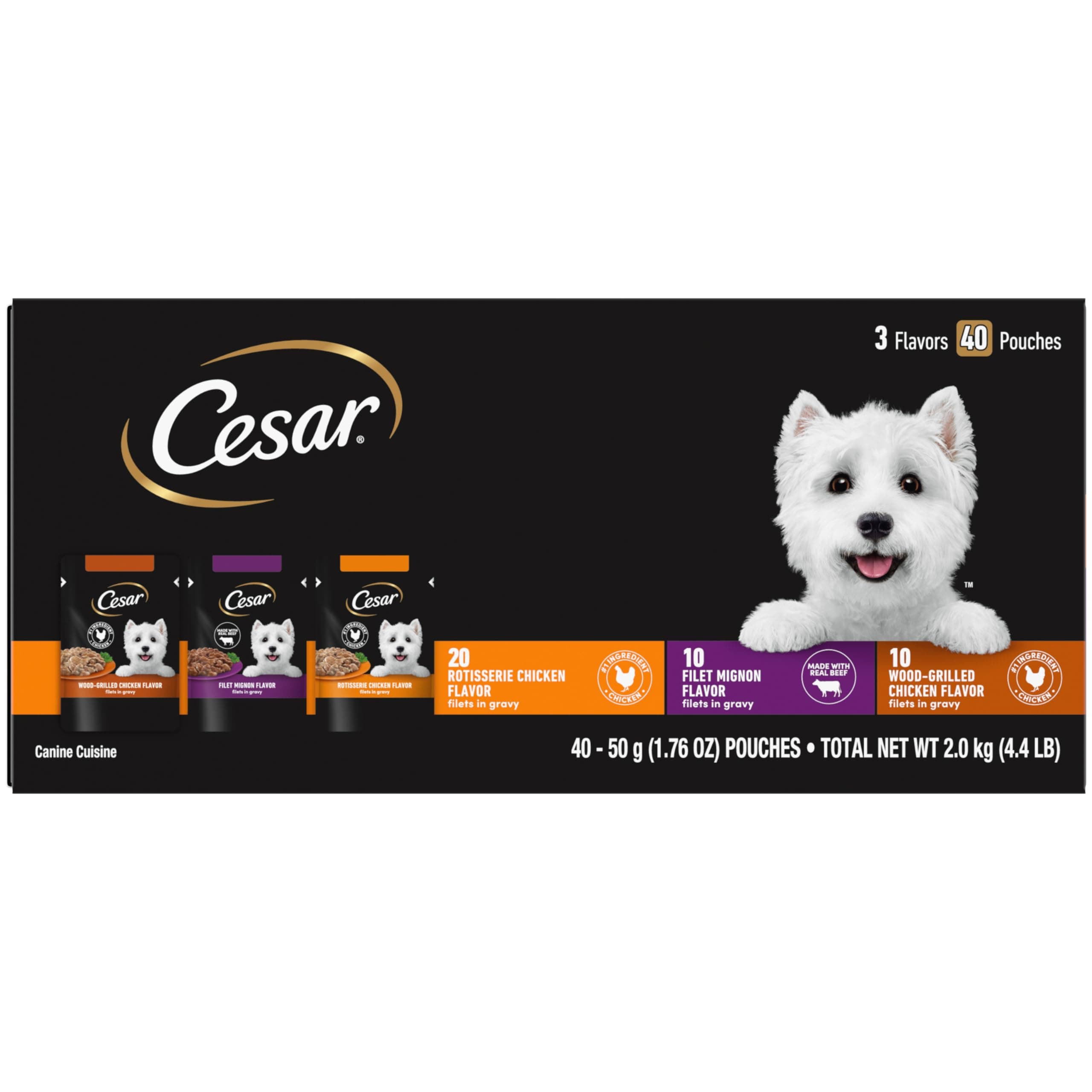 Cesar Filets in Gravy Wet Dog Food Filet Mignon Flavor, Rotisserie Chicken Flavor, and Wood-Grilled Chicken Flavor Variety Pack, 1.76 oz. Mini-Pouches, 40 Pack