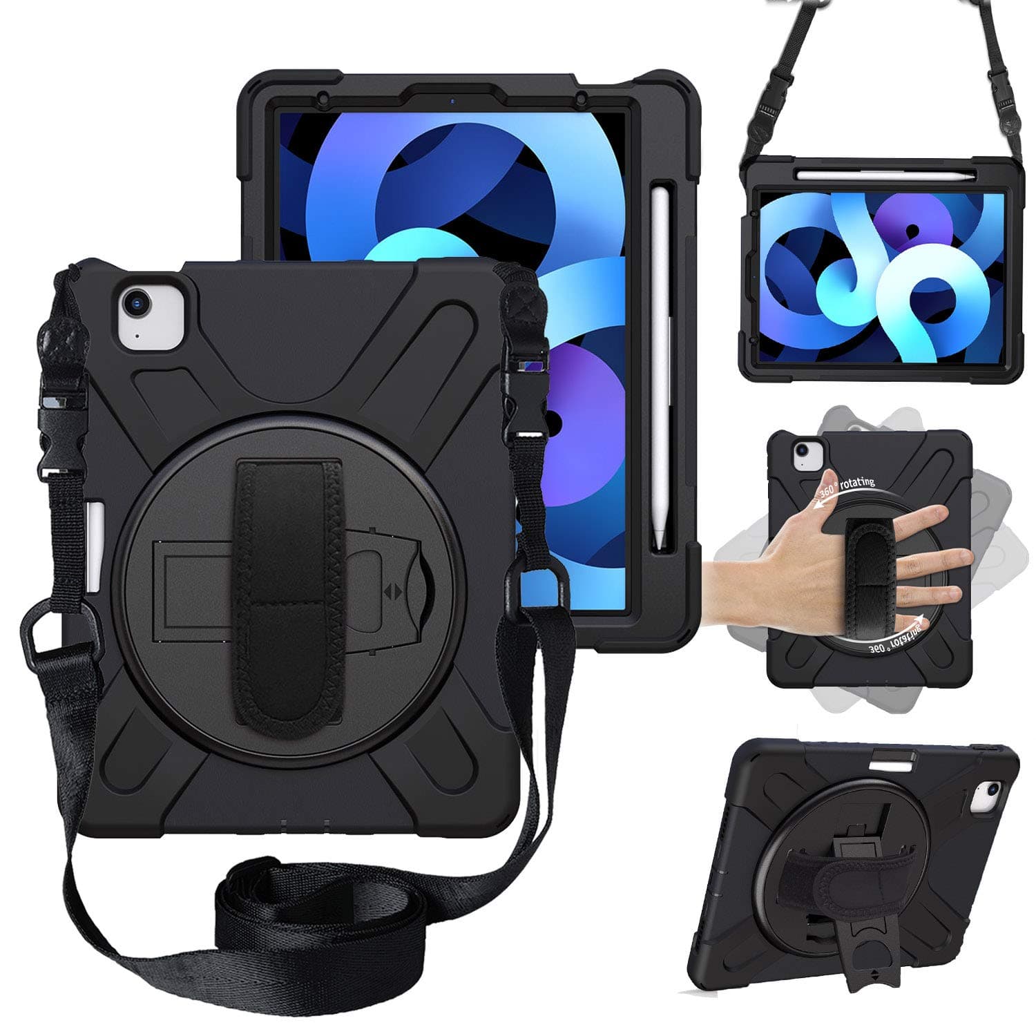 CWNOTBHY iPad Air 4th Generation Case 10.9 Inch 2020 / iPad Pro 11 Inch 2020&2018, Heavy Duty Shockproof Protective Case with Hand Strap, Black