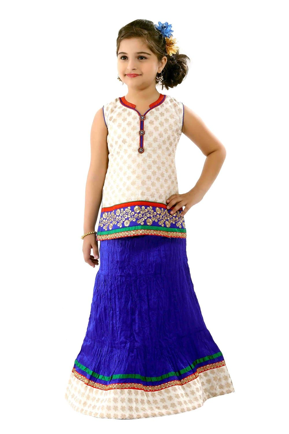 Girls' Indian Ethnic Wear Dupion And Netted Fabric Lehenga Choli White