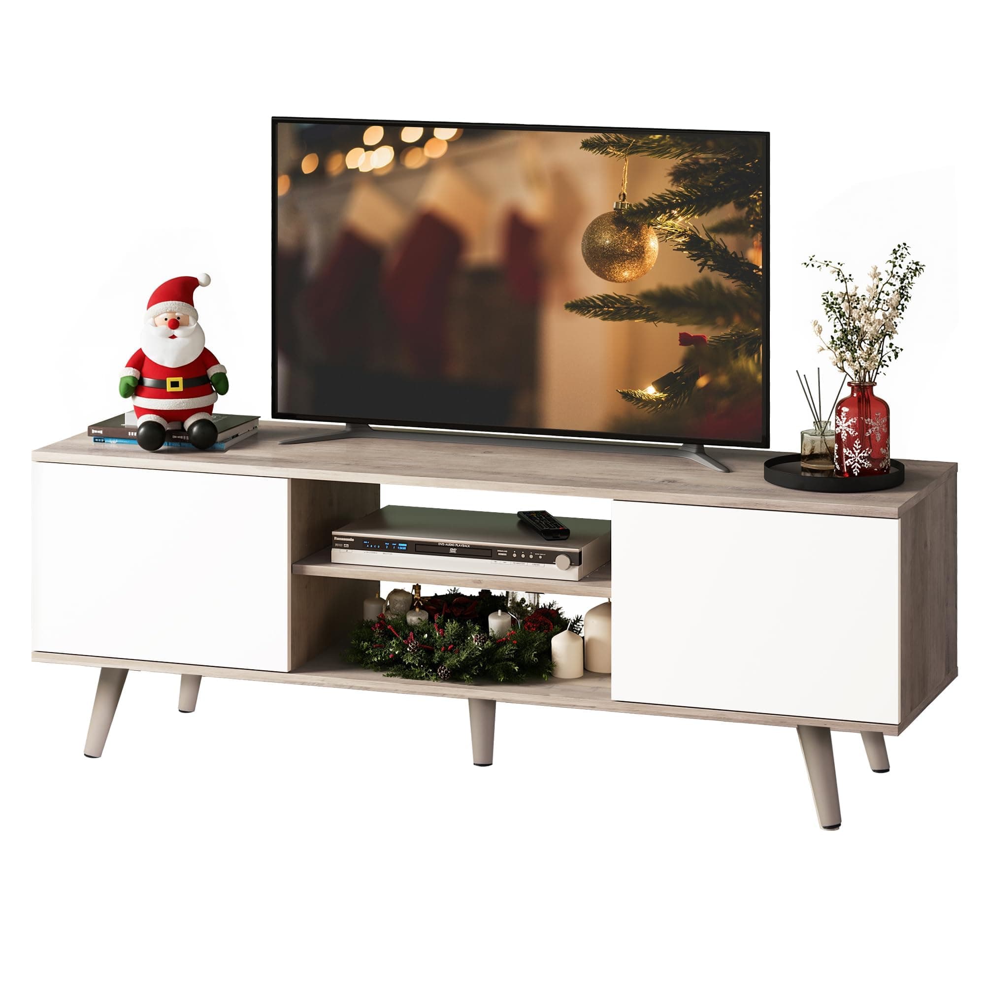 Mid-Century Modern TV Stand for 55/60 Inch TV, Entertainment Center with Storage & Adjustable Shelves, Media Console with Soft-Close Cabinets for Living Room/Bedroom, Greige White