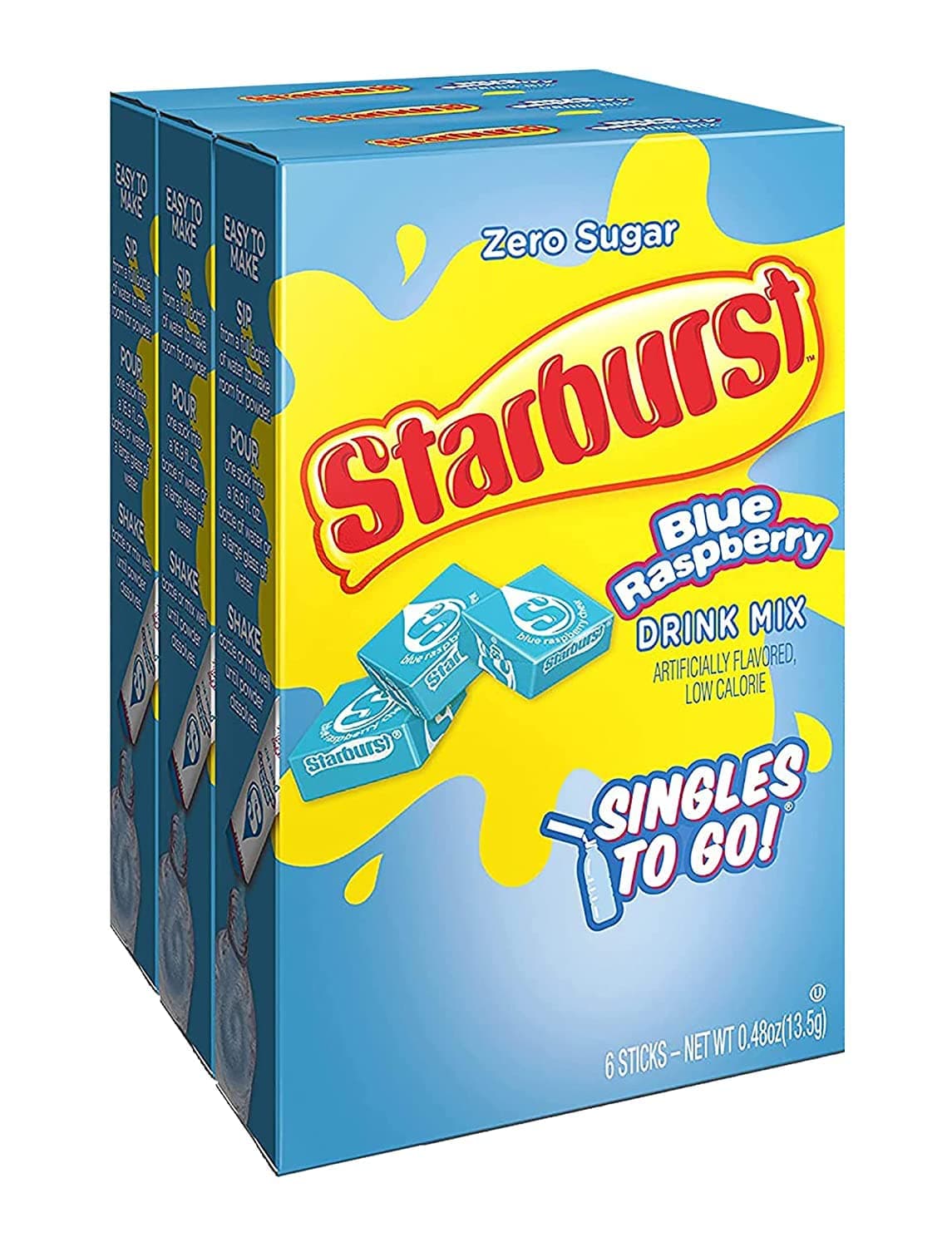 Singles To Go Starburst Powdered Drink Mix, Blue Raspberry, 3 Boxes with 6 Packets Each - 18 Total Servings, Sugar-Free Drink Powder, Just Add Water, 6 count (Pack of 3)