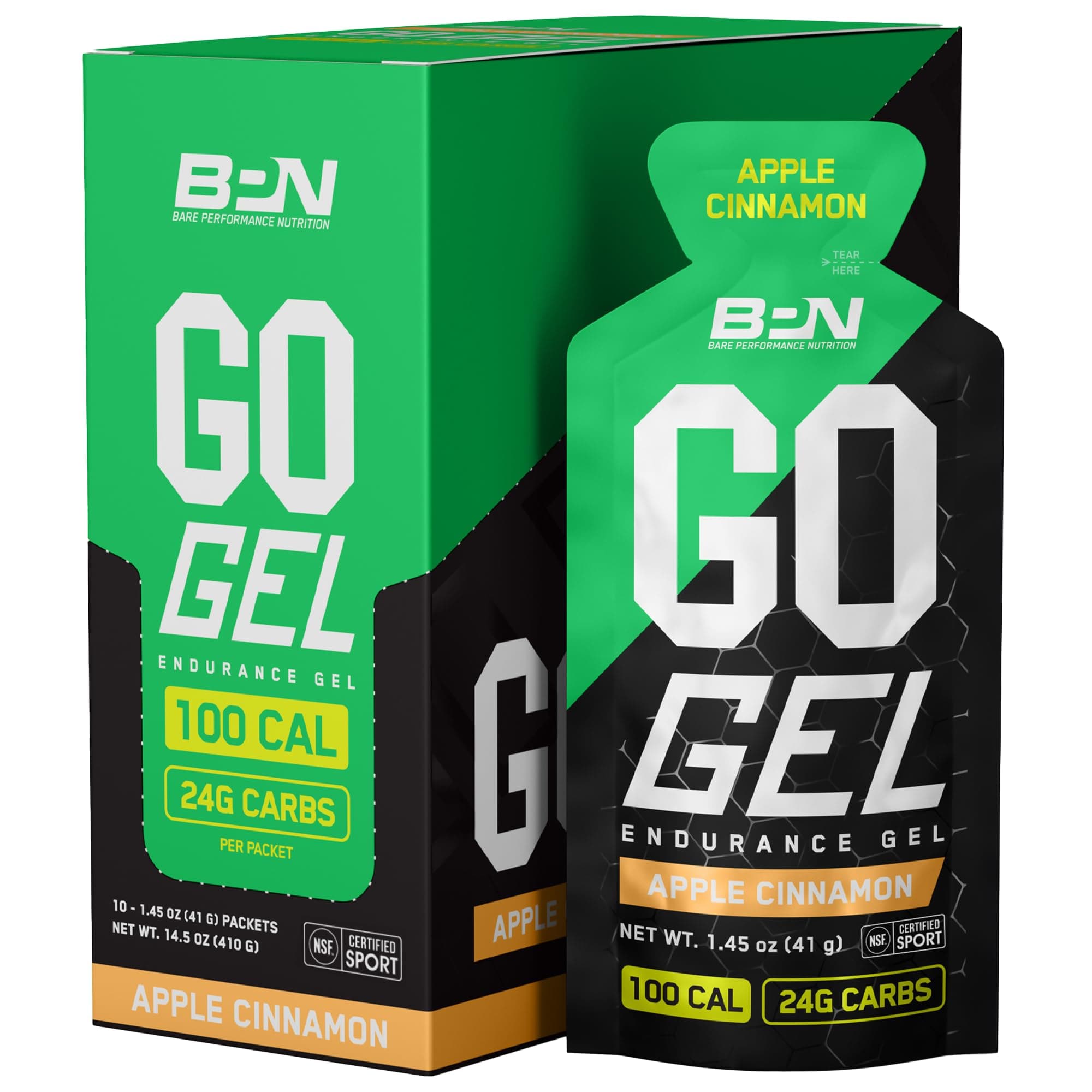 BARE PERFORMANCE NUTRITION BPN GO GEL - Vegan + Gluten Free Running Gel Carb 24g & Gel Pack 100 Calories Single Serving Gel Packs, Apple Cinnamon