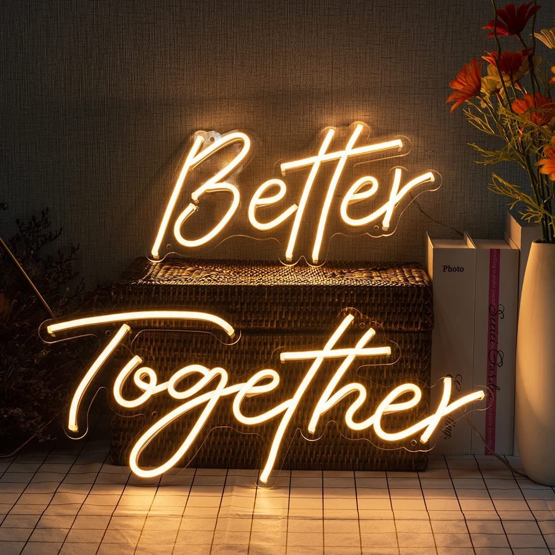 Britrio LED Neon Light Sign, Better Together Hanging Neon Art Wall Sign for Party Wedding Home Decor Kid Bedroom Bar 12V Warm White(Power Adapter Include)