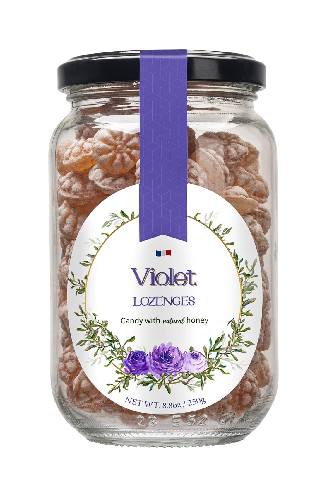 Violet Flavor Honey Lozenges Made with Real Honey and Natural Violet Flavor, Luxury French Candy, Great for Soothing your Throat, 8.8oz Jar