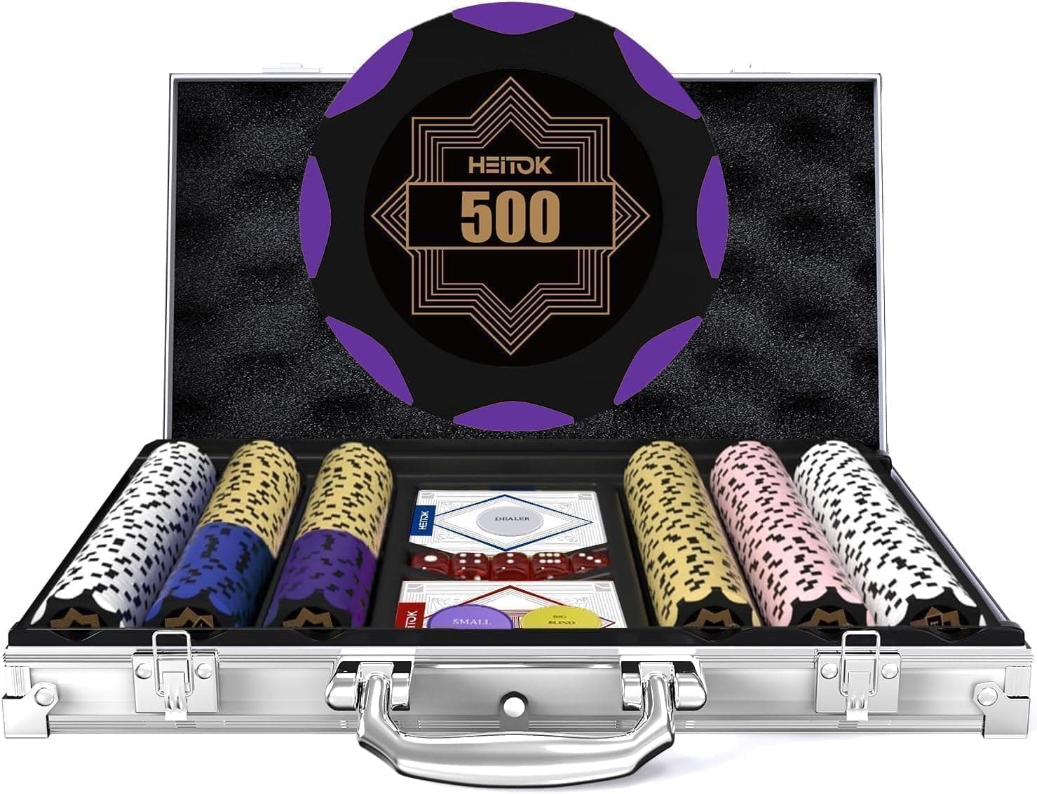 300-Piece Clay Poker Chips Set, 14g Heavyweight Clay Composite with Denominations - Professional Casino Grade Texas Holdem Kit with Aluminum Case Cards and Buttons for Blackjack Game Night