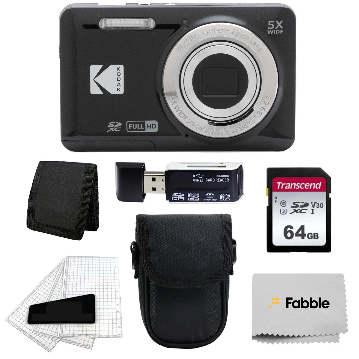 Kodak PIXPRO FZ55 Digital Camera (Black) + Black Point & Shoot Camera Case + Transcend 64GB SD Memory Card + Tri-fold Memory Card Wallet + Hi-Speed SD USB Card Reader + More!