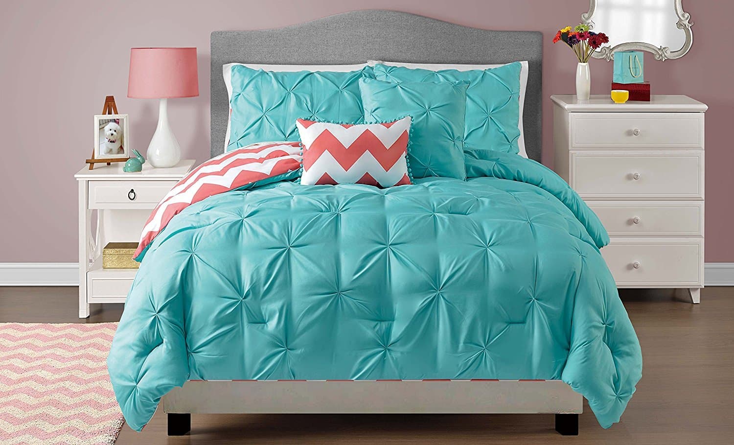 VCNY Home Jane Reversible 5 Piece Bedding Comforter Set, Full/Queen, Turquoise