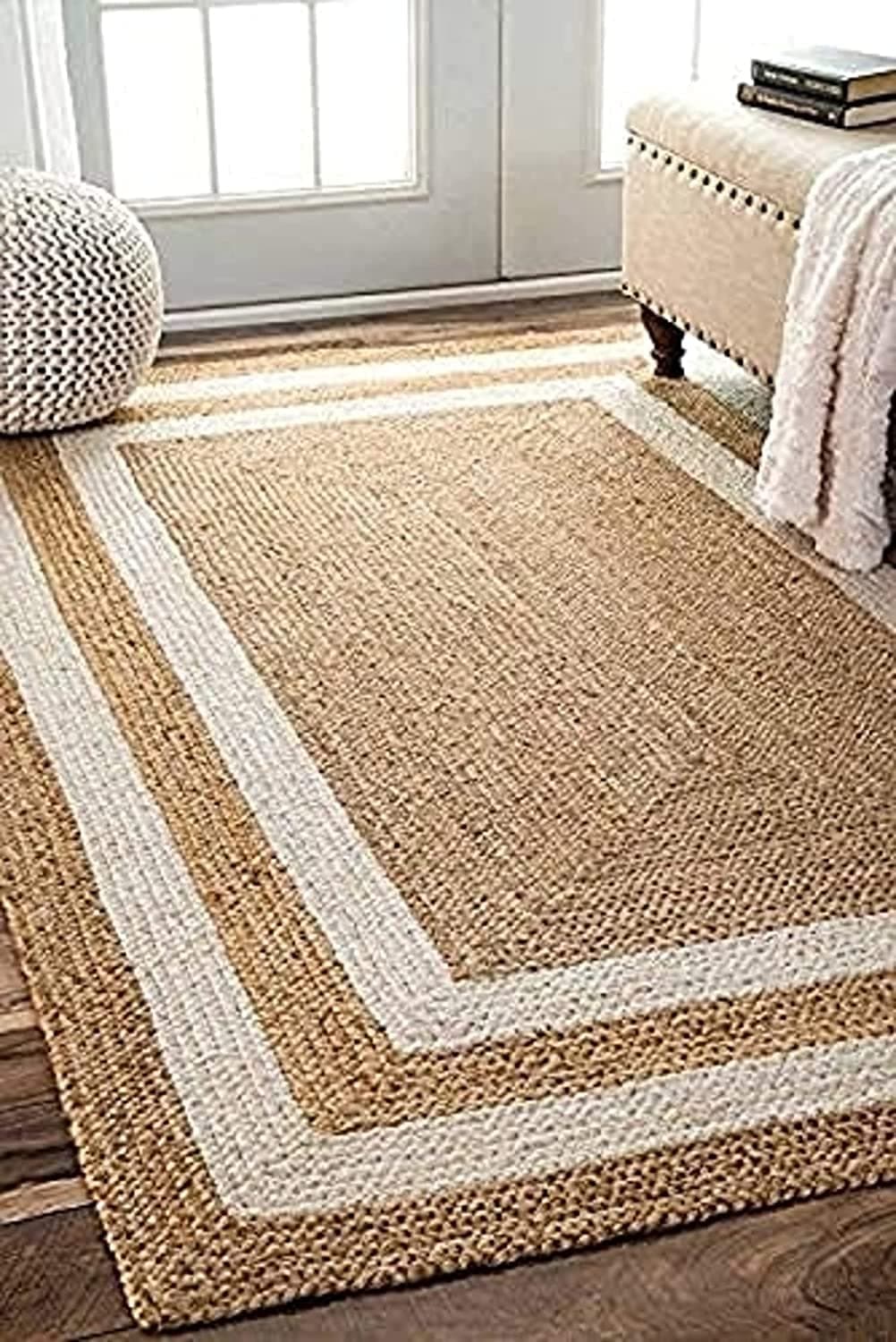 vasac Jute Braided Natural Rug Hand Woven & Reversible for Living Room Kitchen Entryway Rug, Jute Burlap Braided Rug, Farmhouse Rag Rug, Rustic Rug 5x10 feet