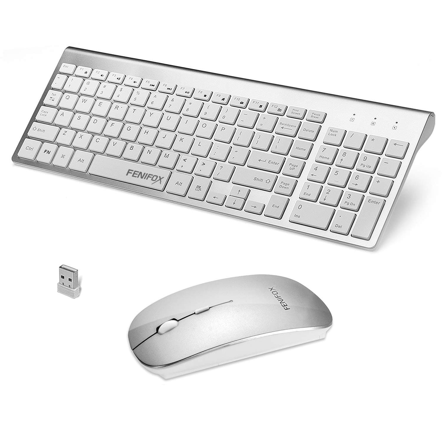 Wireless Keyboard and Mouse Combo, FENIFOX Full-Size Whisper-Quiet Compact Wireless Keyboard Mouse for Laptop PC Computer Windows Android - Silver