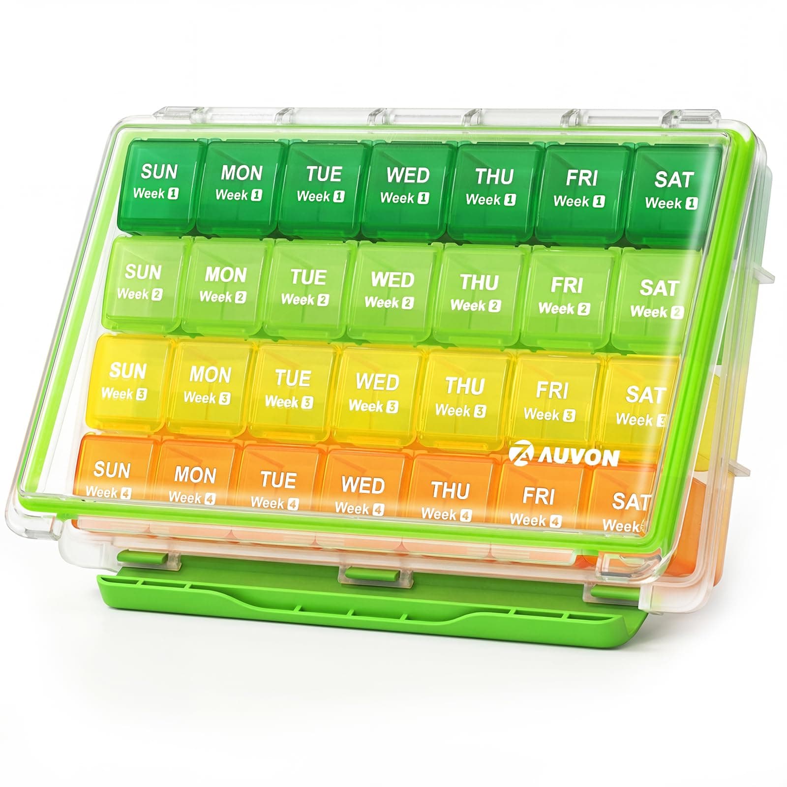 AUVON Moisture-Proof Monthly Pill Organizer, Large 28 Days Pill Box Case with Removable 4 Weeks Medication Organizer Rows, Travel-Friendly to Store Fish Oils, Vitamins, Supplements, Medications