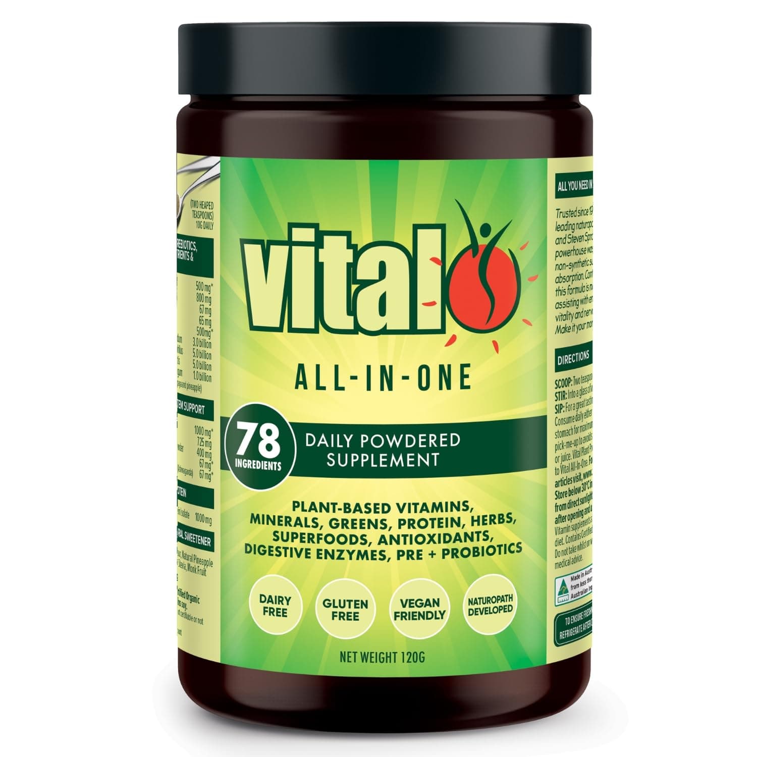All in One Daily Health Supplement 120GM | Vital Greens, Vegan, 70 Vital Ingredients - Vitamins, Minerals, Greens, Cultures, Digestive Enzymes, Vegetables