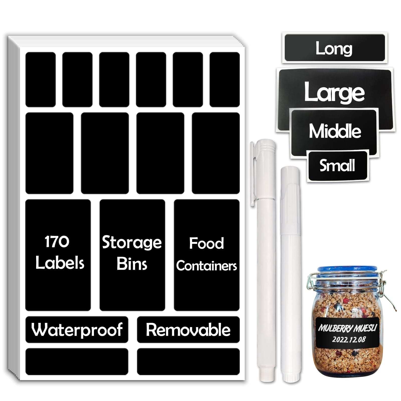 170Pcs Black Removable Labels for Jars,for Storage Bins,for Food Containers with 2 Liquid Chalk Marker(Black)