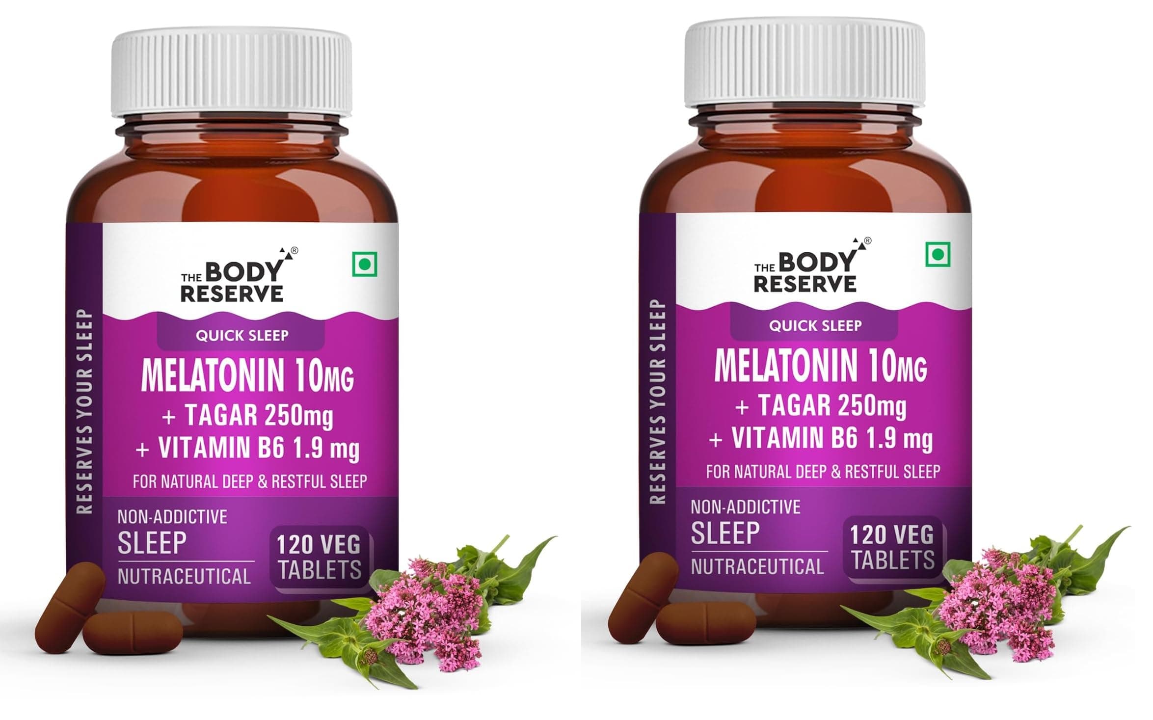 Melatonin 10mg with Tagar 250mg - 120 Veg Tablets for Natural Sleep Aid, Muscle Recovery, Nerve Relaxation, and Stress Relief - Non-Habit Forming Sleep Aid for Men, Women, Pack of 2