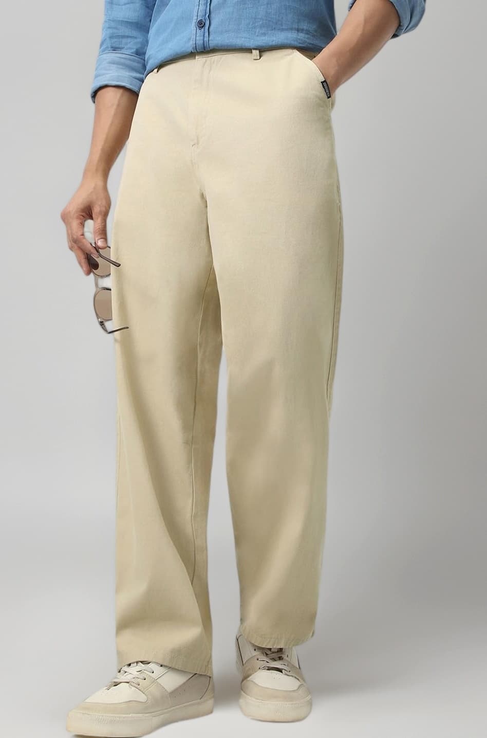 Men's Loose Baggy Fit Solid Chino Trousers Non-Stretchable