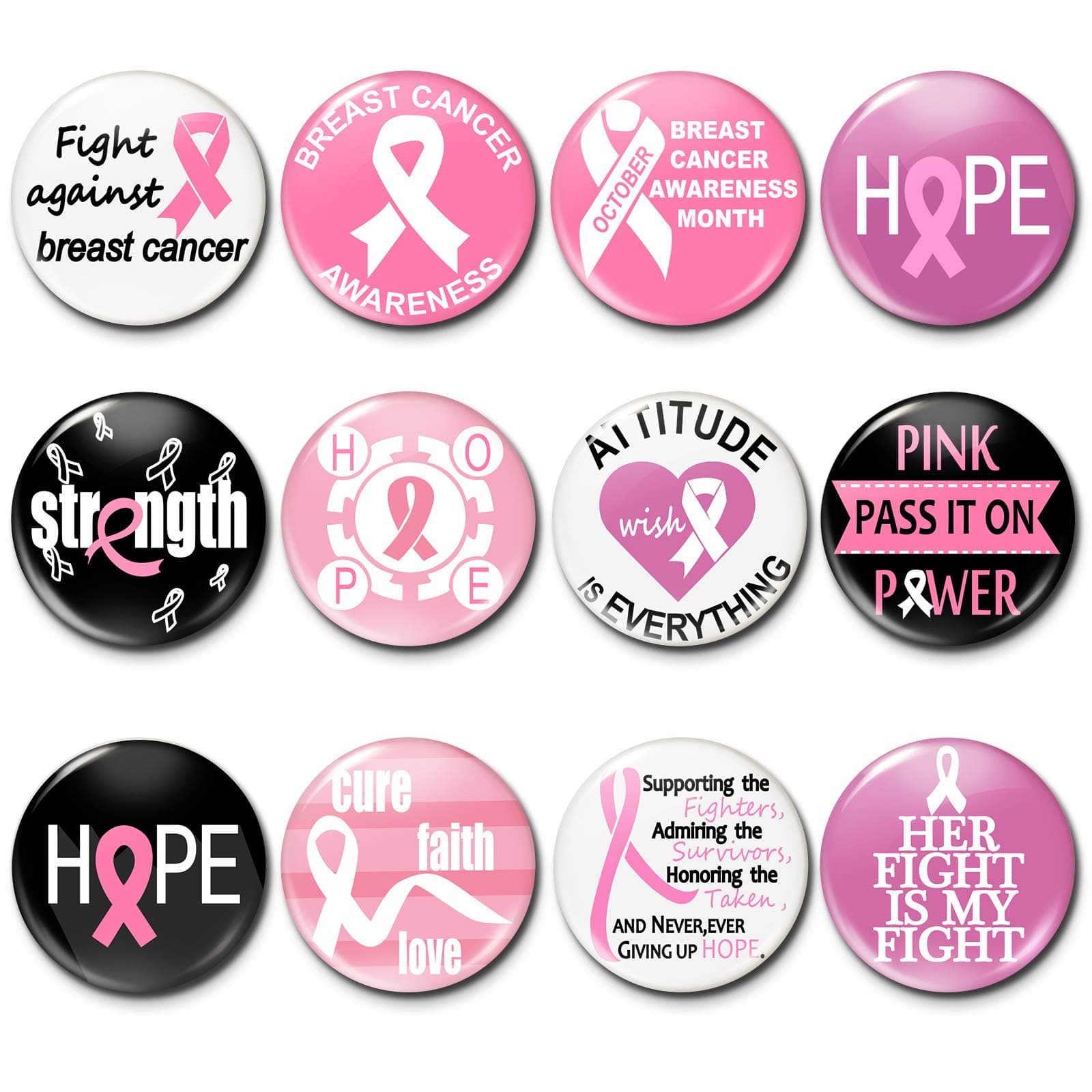 Pink Breast Cancer Awareness Novelty Buttons Badge Decorations,Jewelry,Pins,12 Various Designs - 24 Pieces