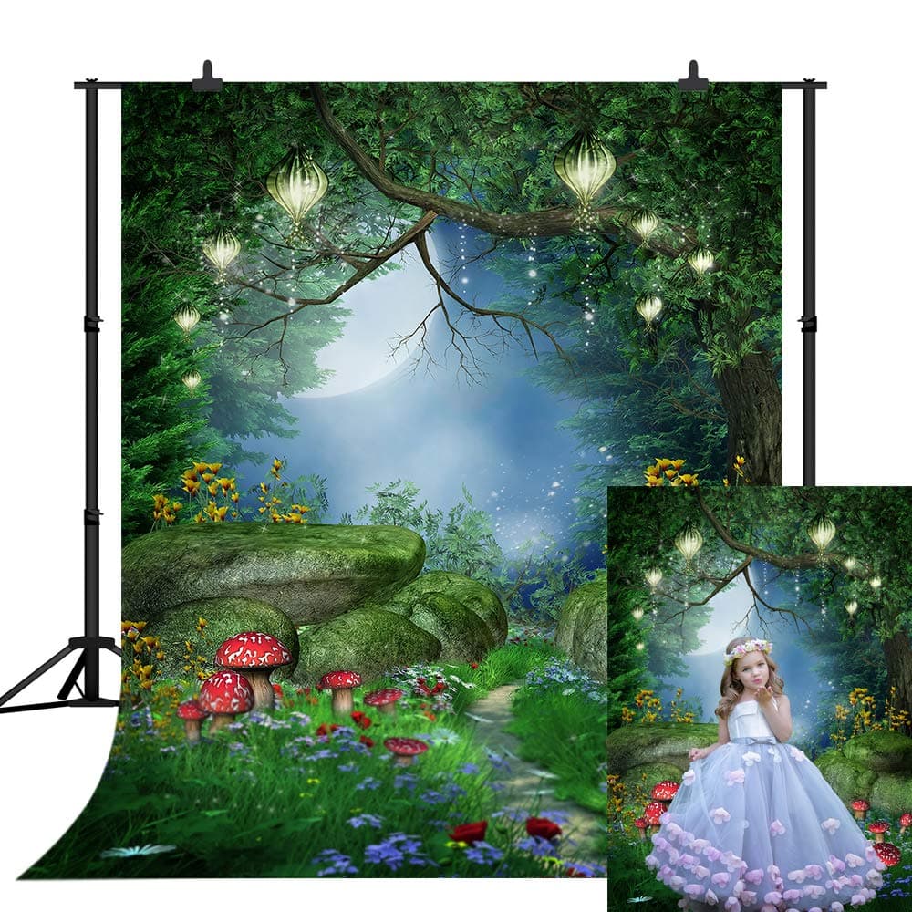 5X7FT Enchanted Forest Backdrop Fantasy Fairy Photography Background Mushrooms Flowers and Lanterns Dreamy Forest Backdrops for Children Kid's Birthday Party Portrait Photo Backdrops SCO142A