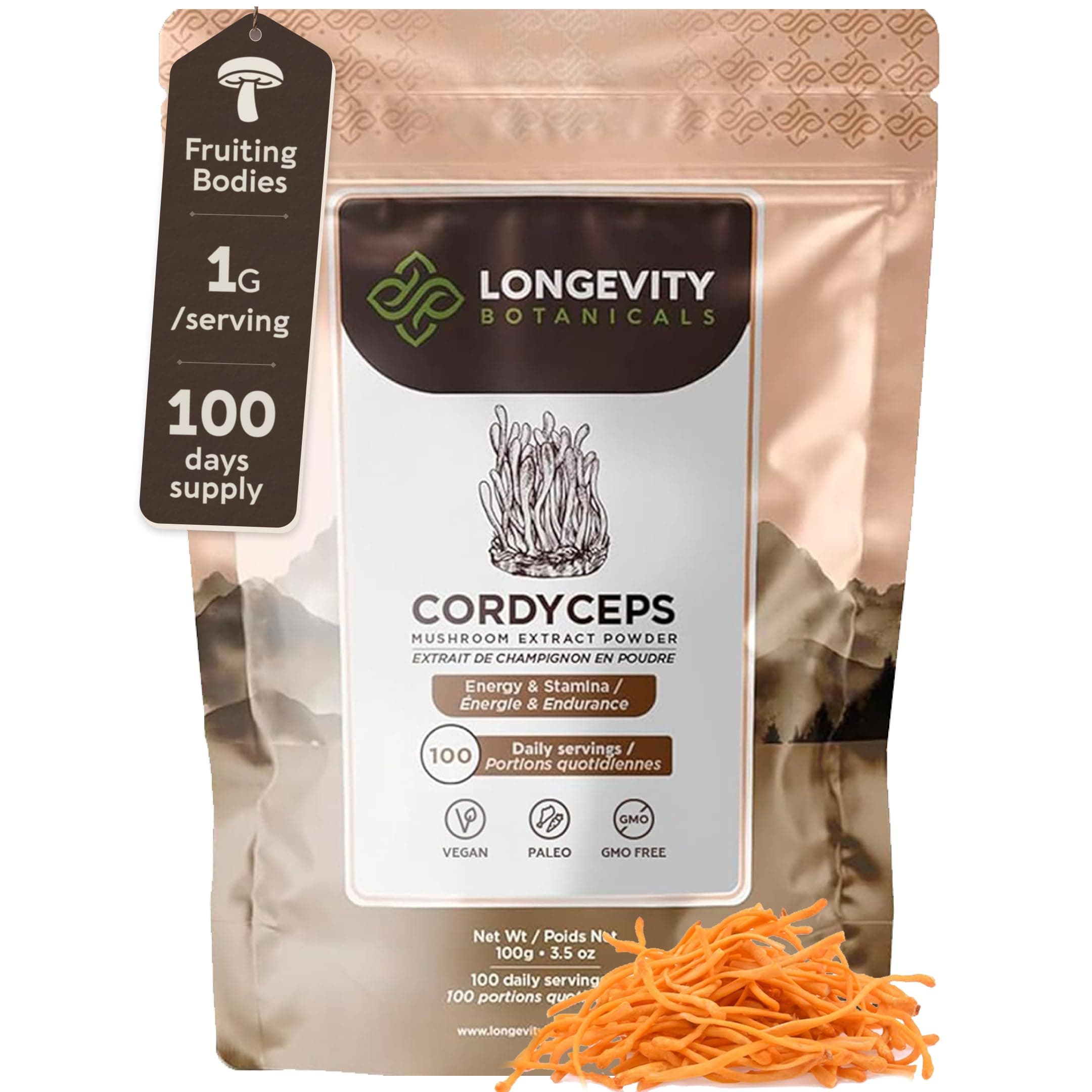 Cordyceps Mushroom Powder Supplement 100g | Pure Fruiting Body 10:1 High Strength Extract | 30% Beta-D Glucans | 10 000mg Raw Equivalent Per Serving | No Fillers | Energy Endurance & Lung Support
