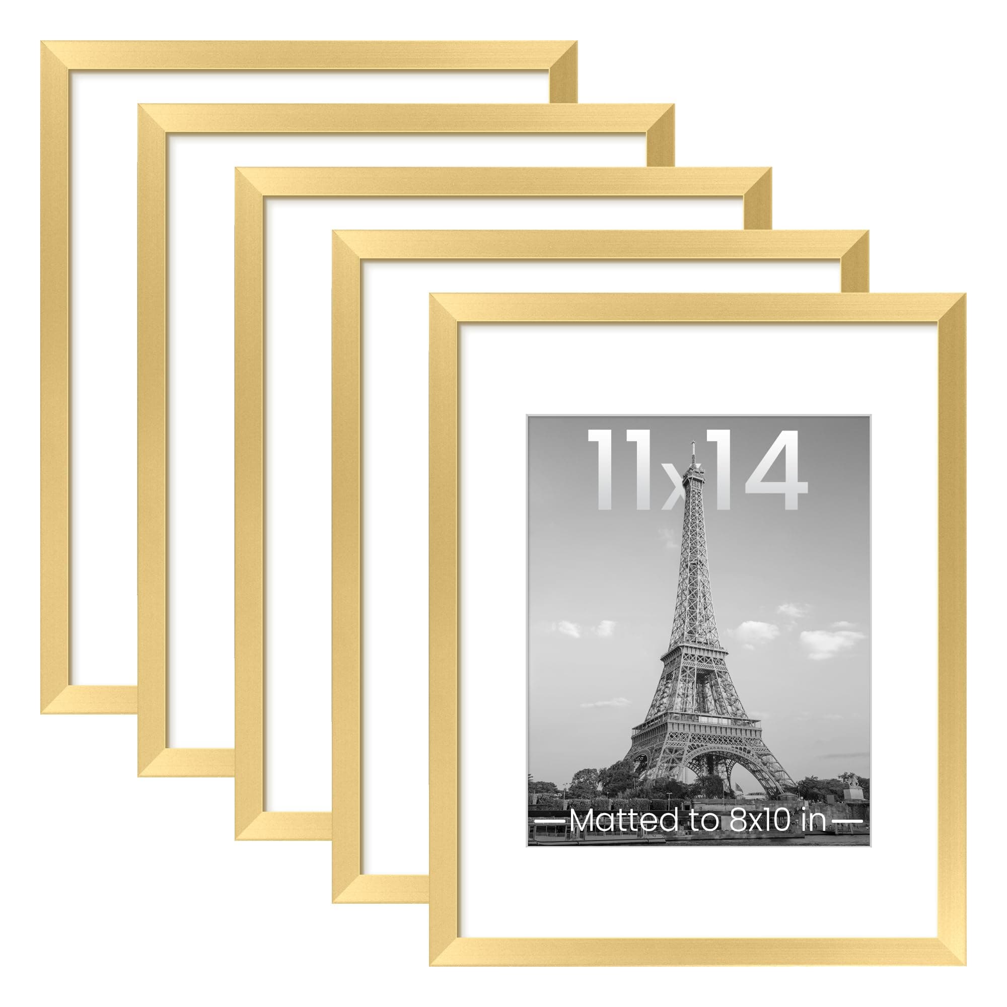 upsimples 11x14 Picture Frame Set of 5, Display Pictures 8x10 with Mat or 11x14 Without Mat, Wall Gallery Photo Frames, Gold