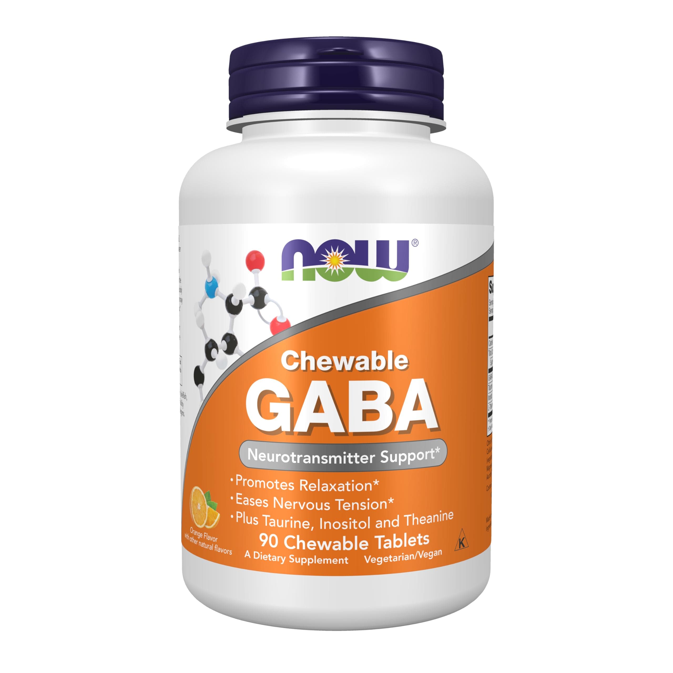 NOW Foods Supplements, GABA (Gamma-Aminobutyric Acid), Neurotransmitter Support*, Orange Flavor, 90 Chewables