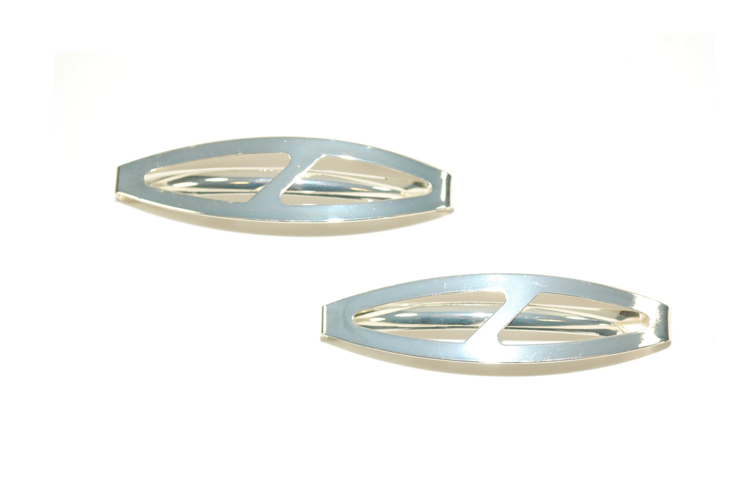 Pair of Oval Shaped Clip-in End Barrettes, Hair Slides with Cut-Out Design. (Silver)