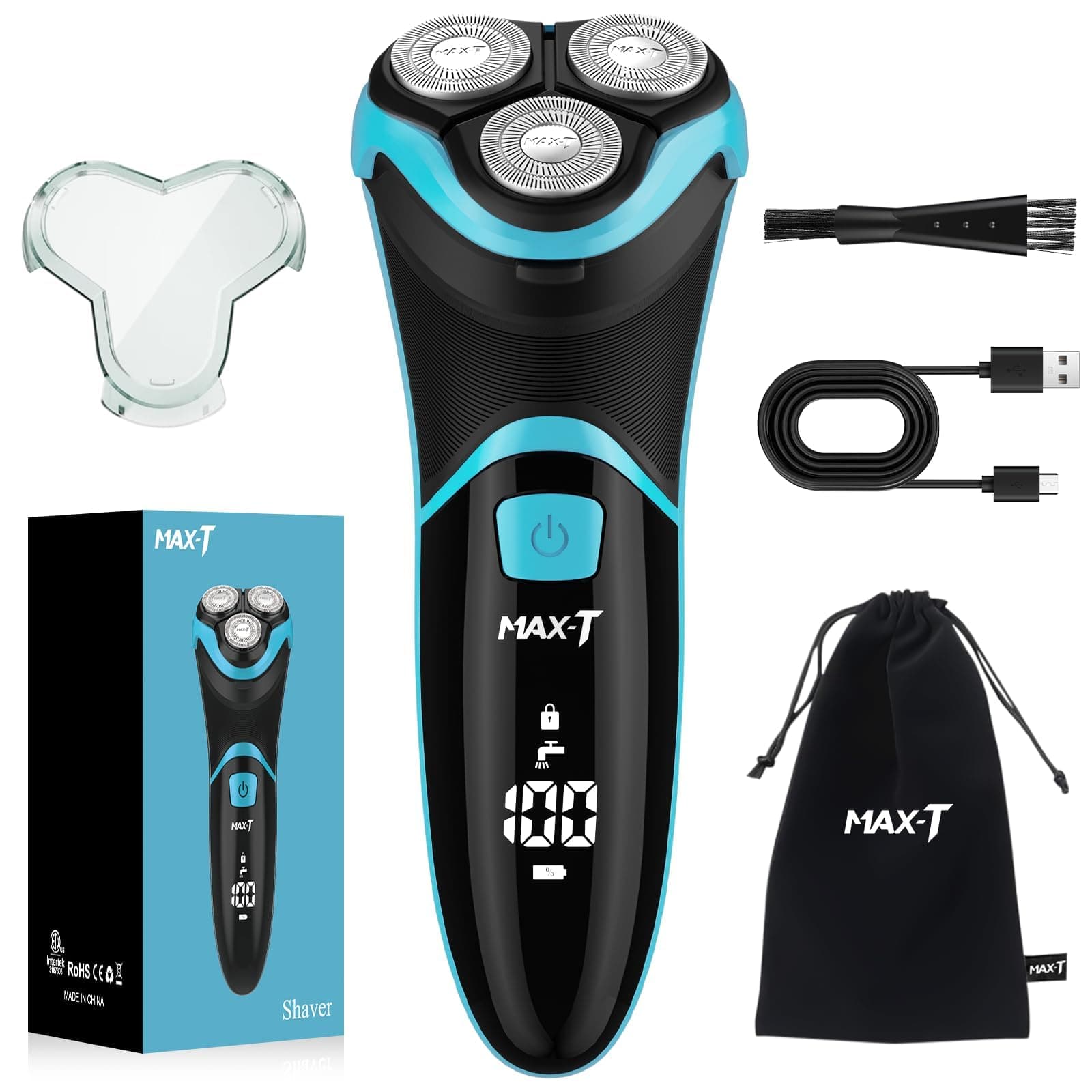 MAX-T Electric Shaver for Men, Cordless Electric Razor with Travel Case, Wet & Dry Use Men's Electric Shaver with Pop-Up Trimmer, 3D Rechargeable IPX7 Waterproof Rotary Shaver Best Gift for Dad/Lover