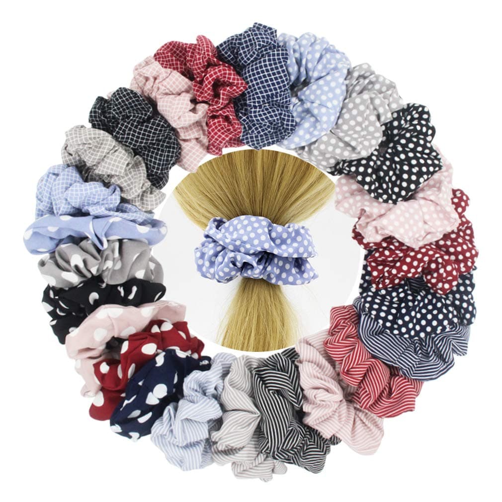 SUSULU 24pcs Chiffon Scrunchies for Hair Elastic Ties Rubber Band Ponytail Holder for Women Accessories, Striped Polka Dot Check Plaid Printed Hair Band