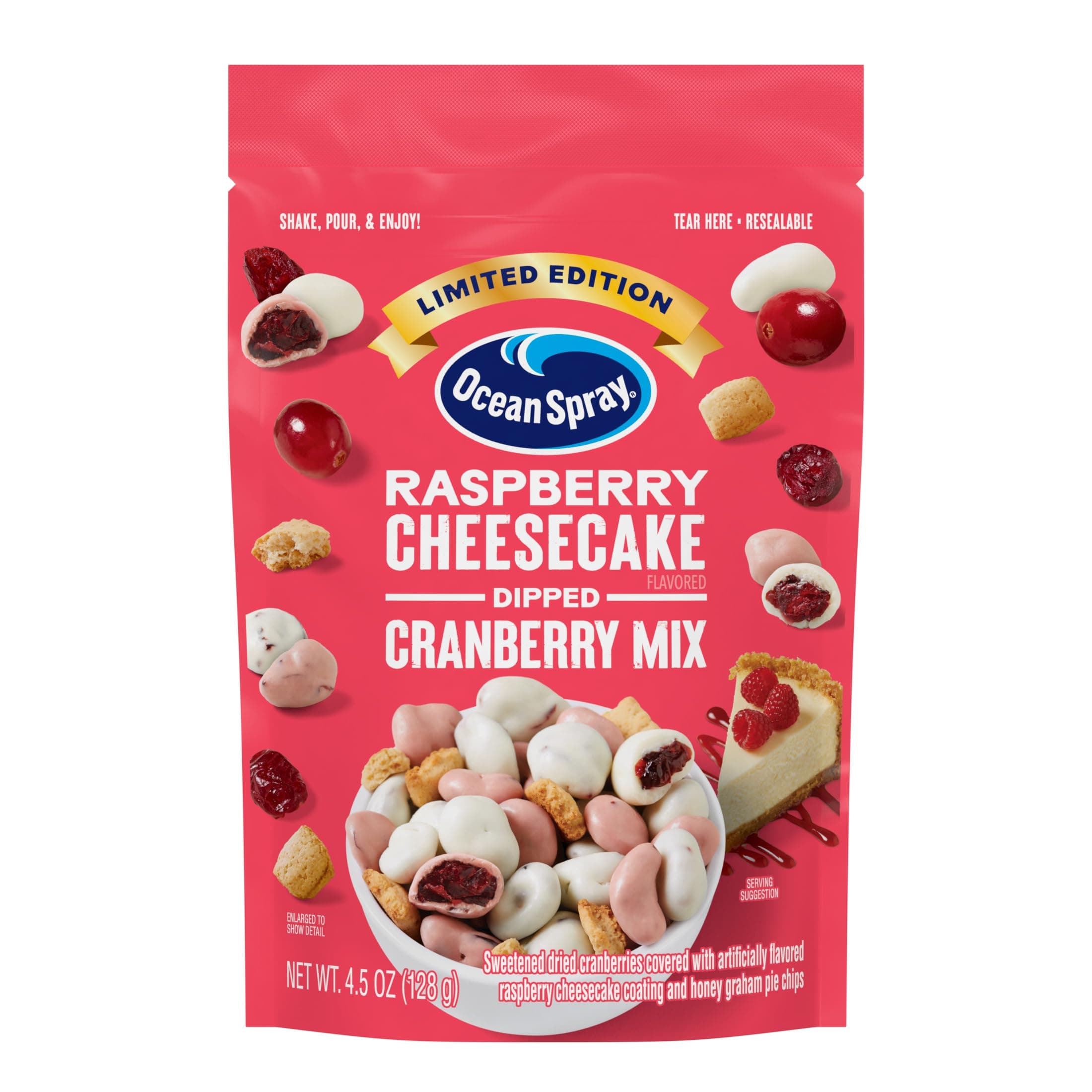 Ocean Spray® Raspberry Cheesecake Dipped Cranberry Mix, Raspberry and Cheesecake Coated Dried Cranberries, 4.5 Oz Pouch (Pack of 1)