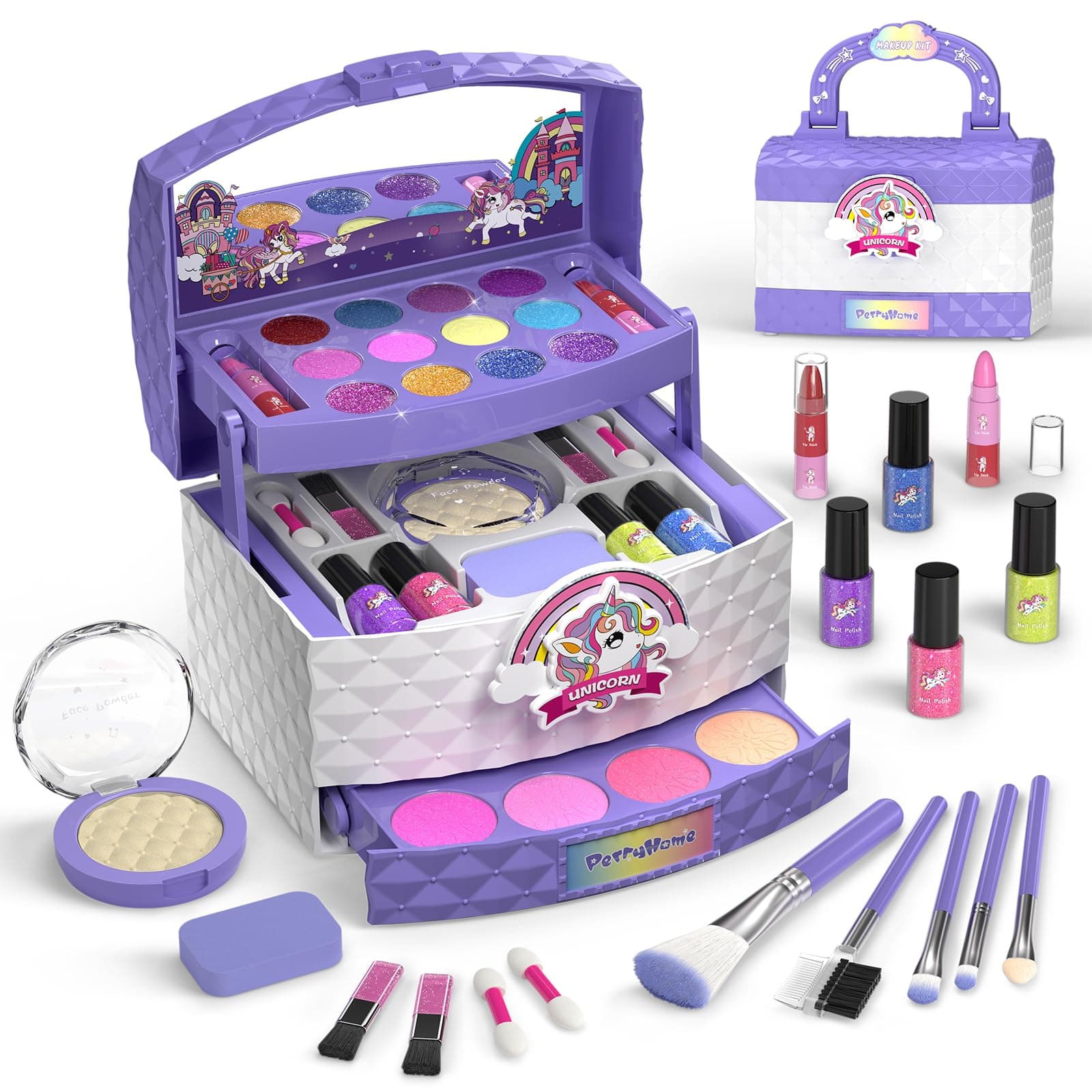 PERRYHOME Kids Makeup Kit for Girl 35 Pcs Washable Real Cosmetic, Safe & Non-Toxic Little Girl Makeup Set, Unicorn Gift for Girls 3-12 Toddler Girl Toys Christmas & Birthday Gift (Unicorn-Purple)