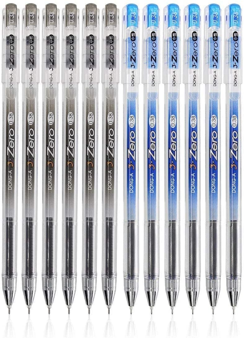 LOVENIMEN Gel Ink Rollerball Pens, Dong-a Zero 0.38 mm, Fine Point Fine Tech Excellent Smooth Writing, Metal Tip Assorted Ink Pen Black Blue - 12 Pack