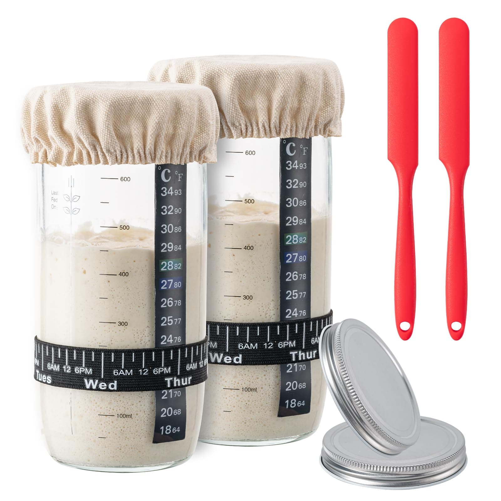 BOOMIBOO 24 oz 2pc Large Capacity Sourdough Starter Jar, Glass Jars Fermentation Kit, Sourdough Starter Kit with Date Marked Feeding Band, Thermometer, Cloth Cover & Metal Lid,Instruction Book