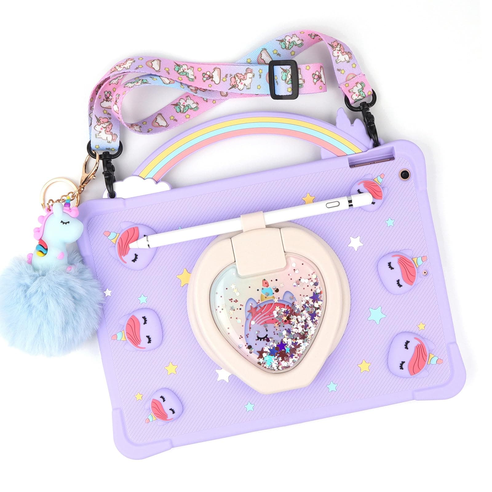 [Super Cute Rainbow Handle Unicorn Case] iPad mini 5 2019/Mini 4 2015 (5th/4th Generation 7.9 inch) Pop it Case Cover for Kids Girls with Hand Strap and 360° Rotating Stand - Purple