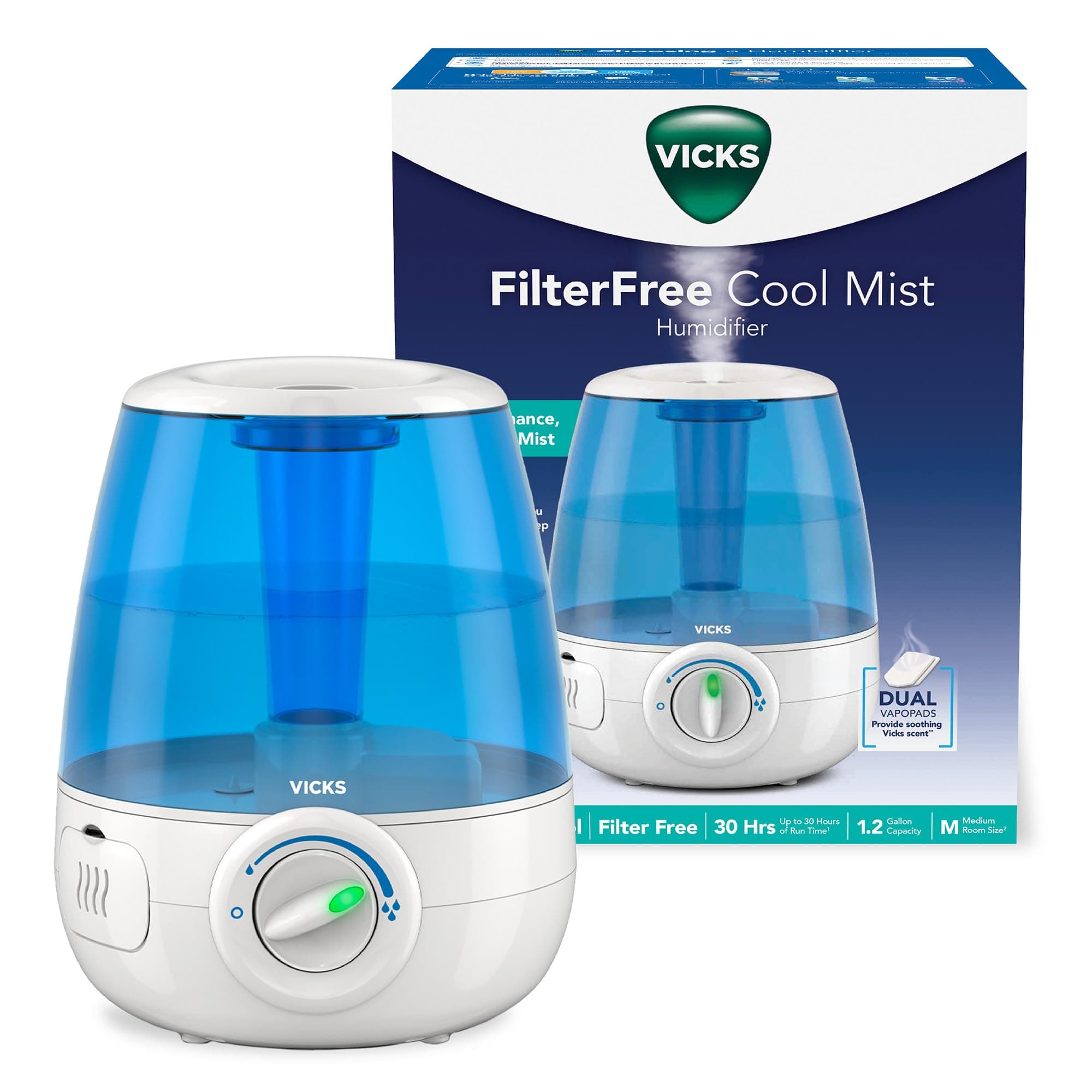 Vicks Filter-Free Ultrasonic Humidifier, Recommended by Pediatricians*, 1.2 Gal Ultrasonic Cool Mist Humidifiers for Bedrooms & Kids Rooms, Works with Vicks VapoPads