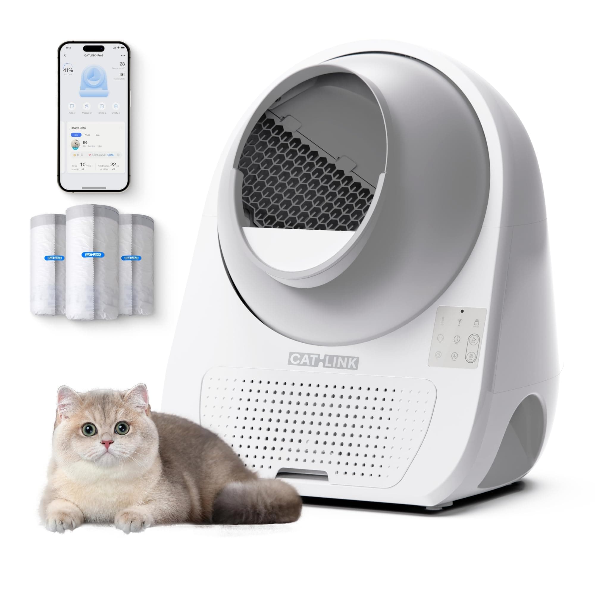 CATLINK Self Cleaning Cat Litter Box for Multiple Cats, Health Monitoring, Automatic Litter Box with APP, Odor Control, 65L Safe Pinch-Free Robot Cat Litter Box, White/Large (Luxury Pro-X)