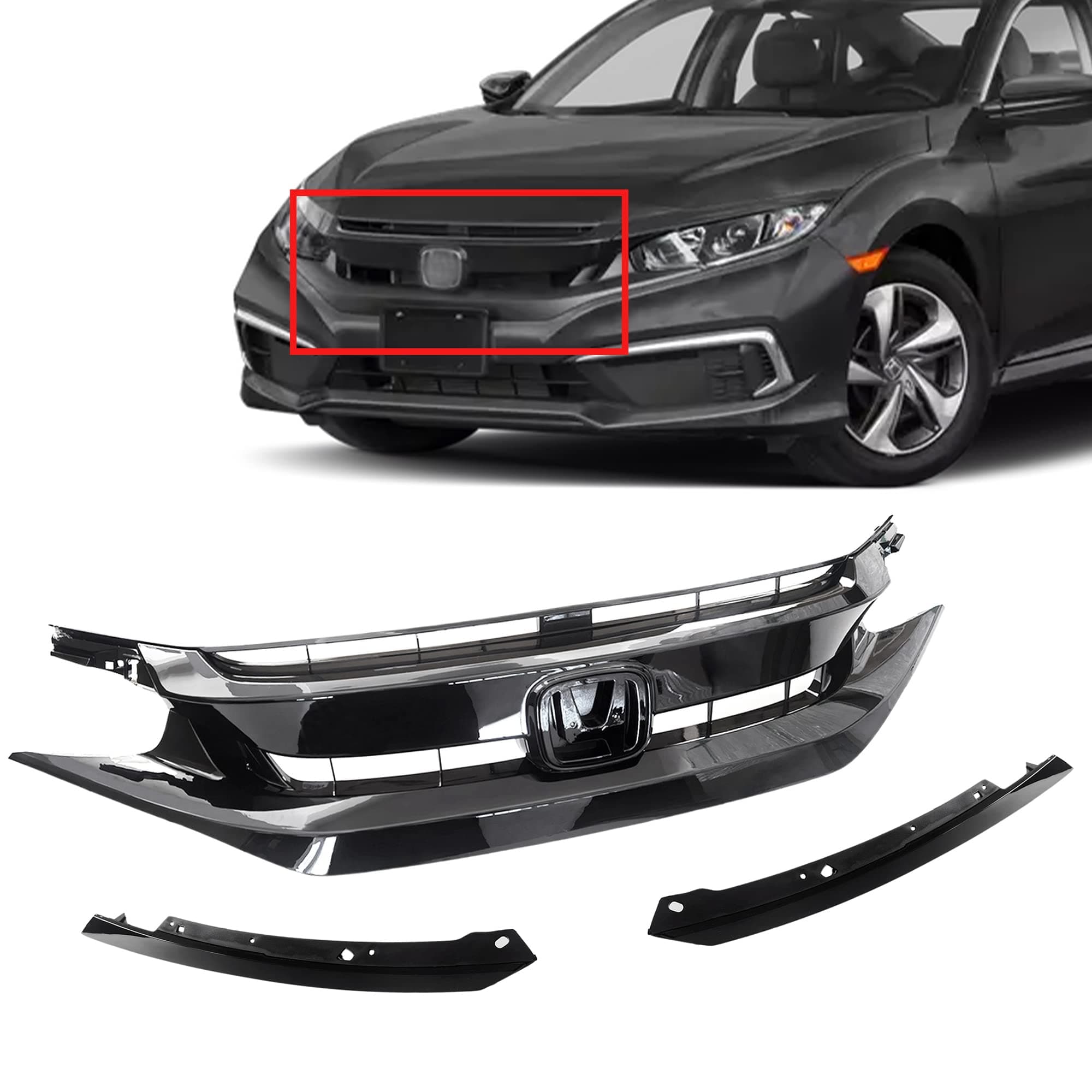 PartsFlow 3PCS Front Bumper Grille Glossy Black Grill With eye lid For 2019 Honda Civic For 2020 Honda Civic