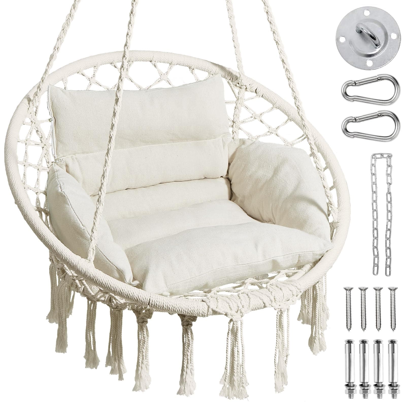 GREENSTELL Hammock Chair,Max 330 Lbs Macrame Swing W/ Cushion and Hanging Hardware Kits,Hanging Cotton Rope Swing Chair, Comfortable Hanging Chairs for Indoor, Outdoor, Home, Patio, Yard (Beige)